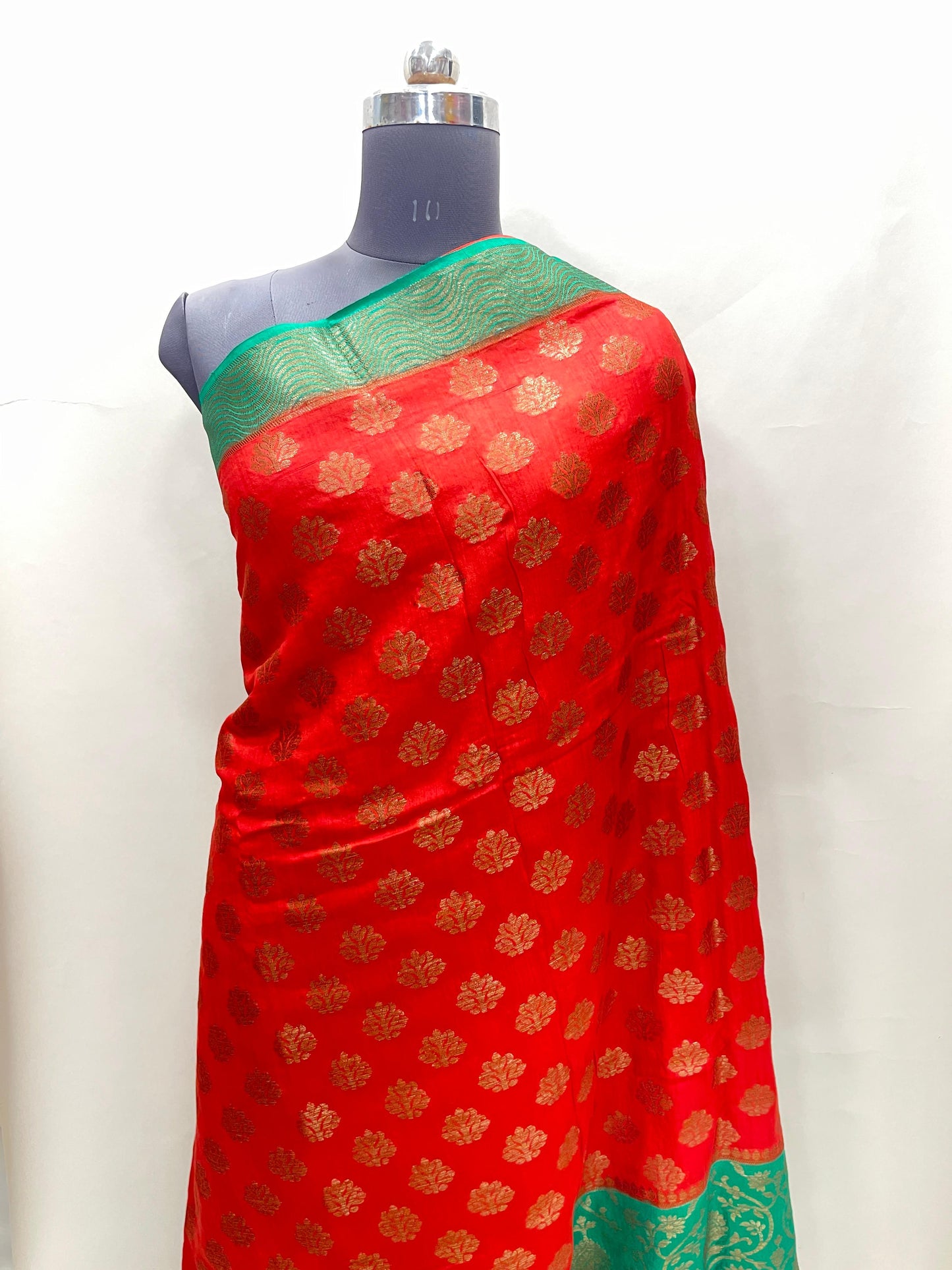 Faishana Pure Handloom Red Munga Silk Floral Copper Zari Booti with Contrast Blue Jaal Skirt Dual Shade Green Floral Zari Border and Blue Blouse