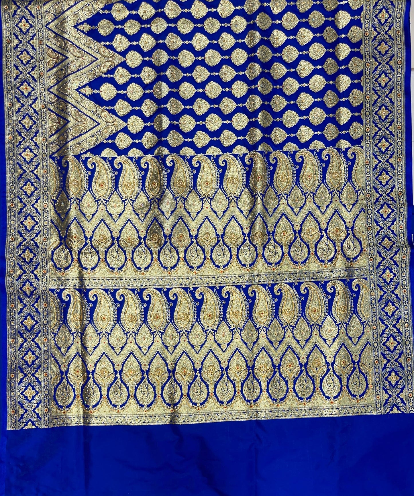 Faishana Presents Blue Satin Silk Floral Zari Stripe Heavy Stone Work Banarasi Saree with Skirt Zig-Zag Zari Border and Blue Blouse
