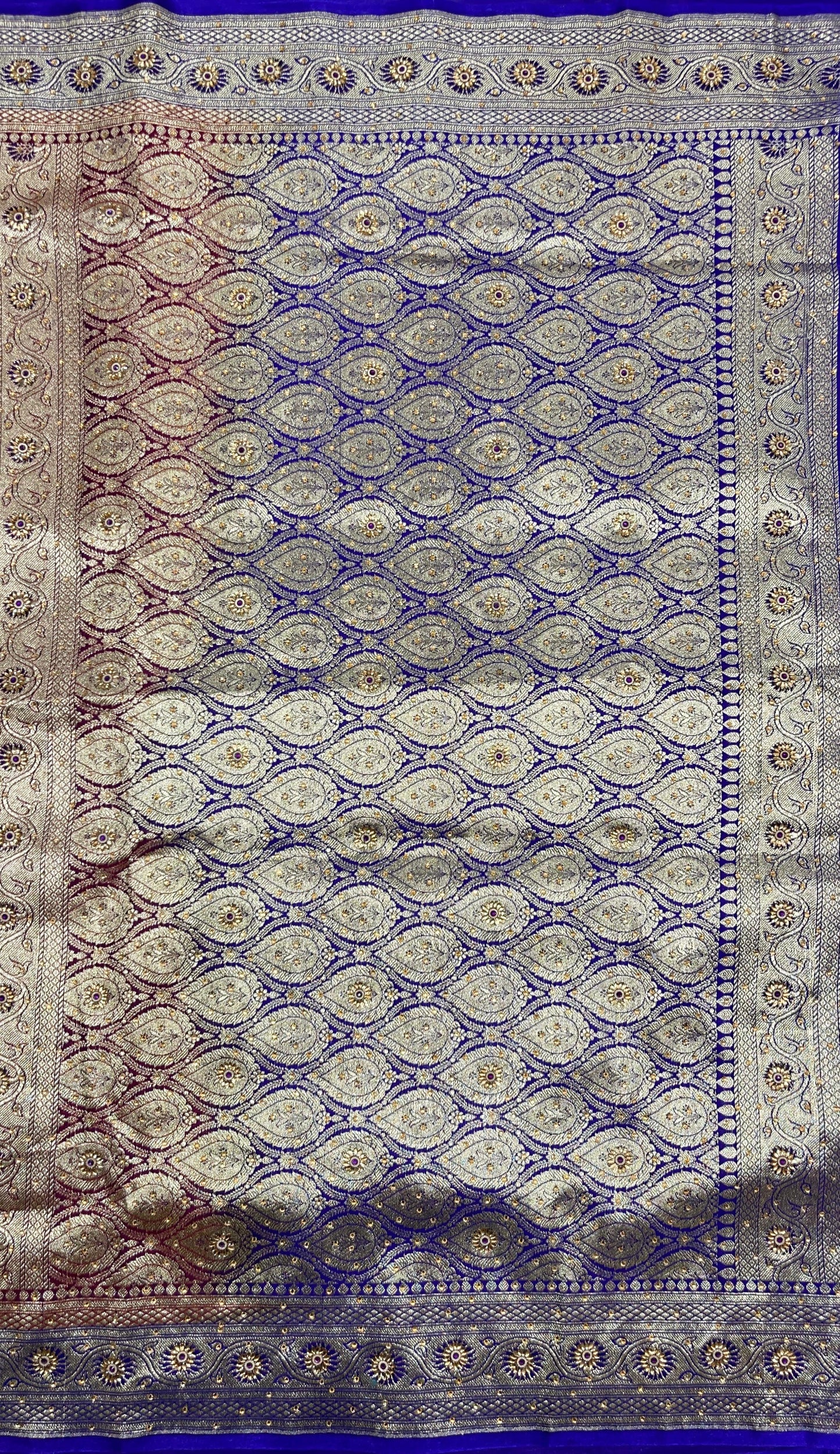 Faishana Presents Red Katan Silk Zari Booti Heavy Stone Work Banarasi Saree with Contrast Blue Floral Pallu and Blue Blouse