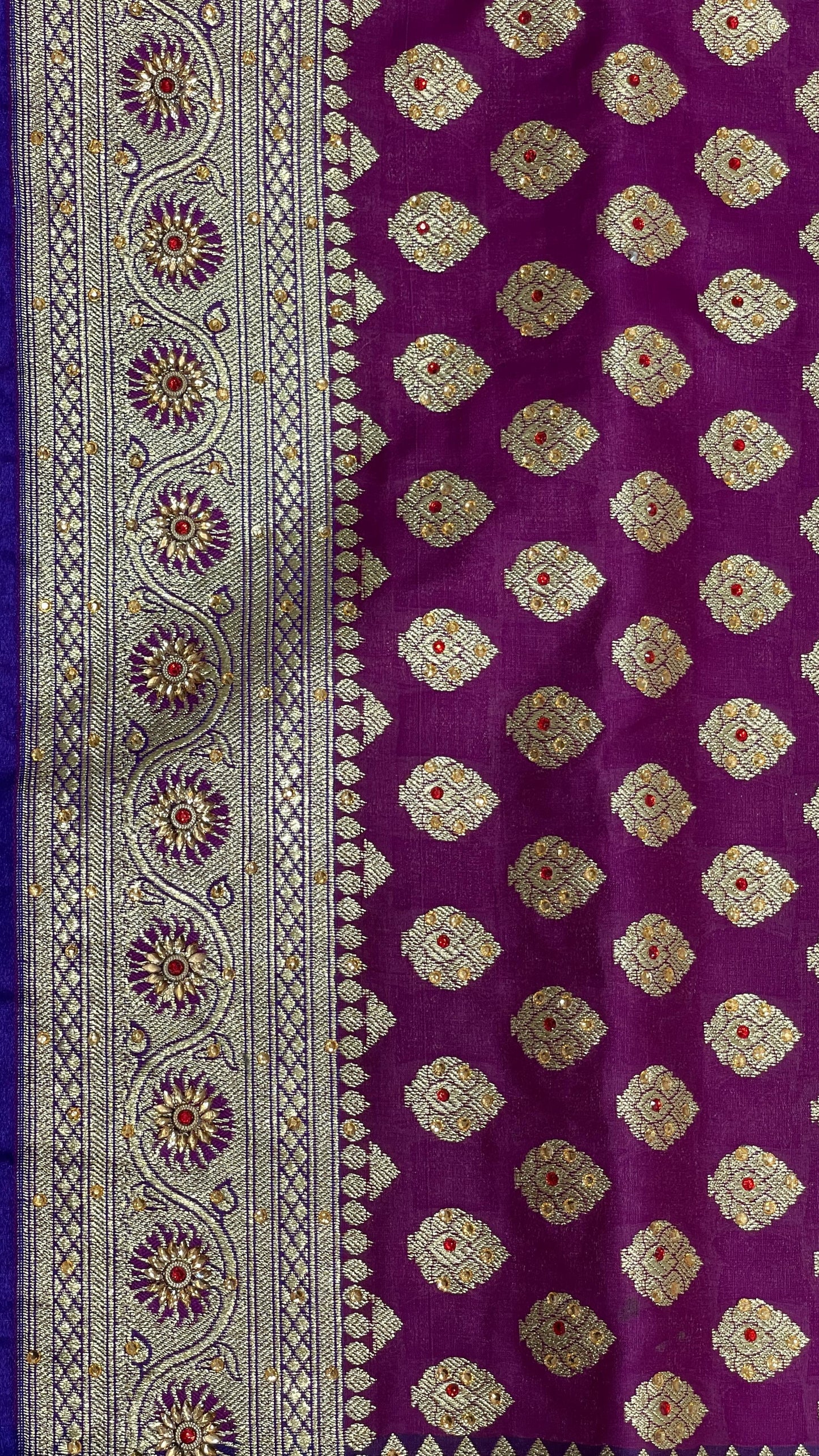 Faishana Presents Purple Katan Silk Zari Booti Heavy Stone Work Banarasi Saree with Contrast Blue Floral Pallu and Blue Blouse