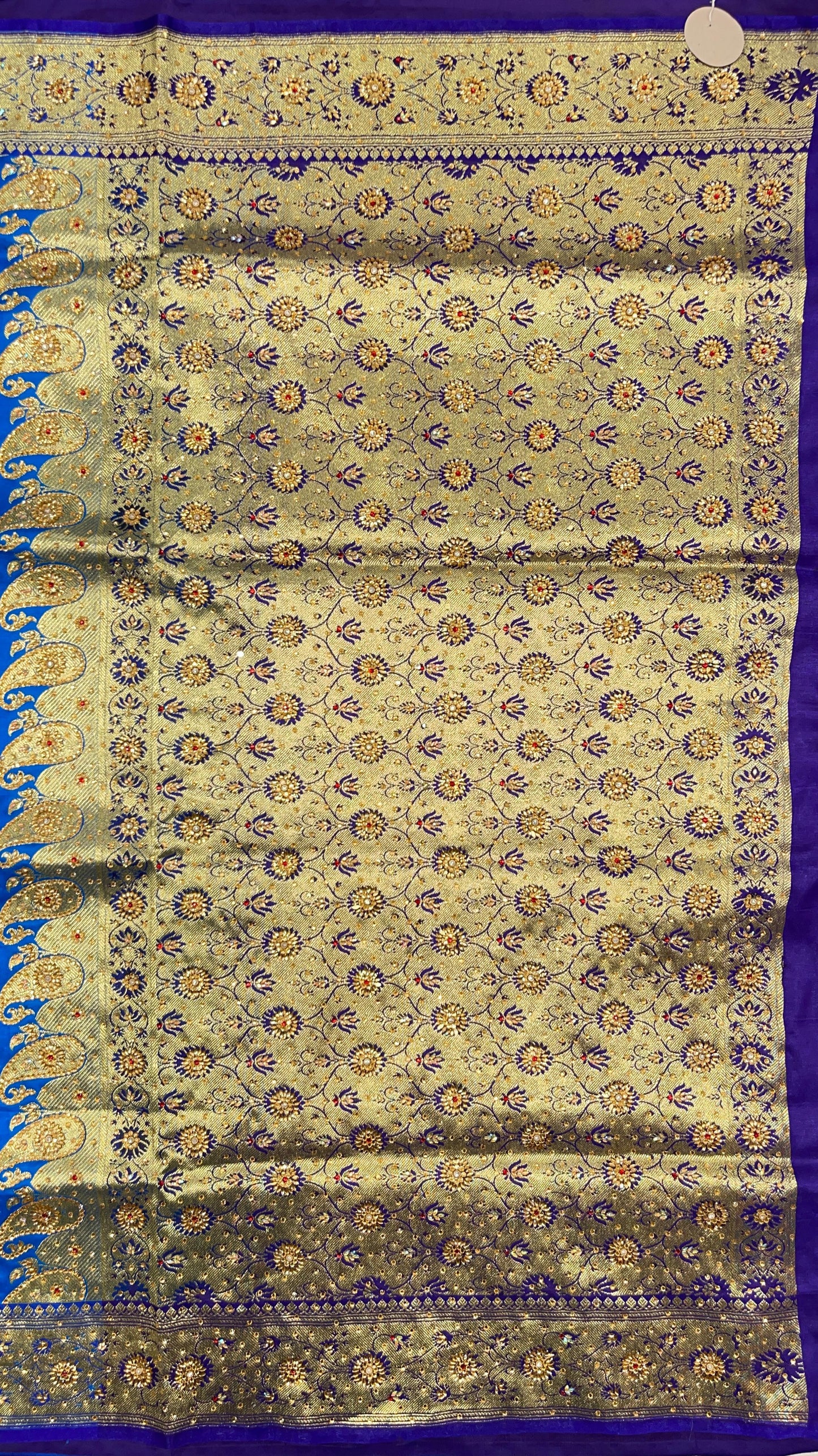 Faishana Presents Turqouise Blue Satin Silk Floral Zari Booti Heavy Stone Work Banarasi Saree with Contrast Blue Pallu and Blue Blouse