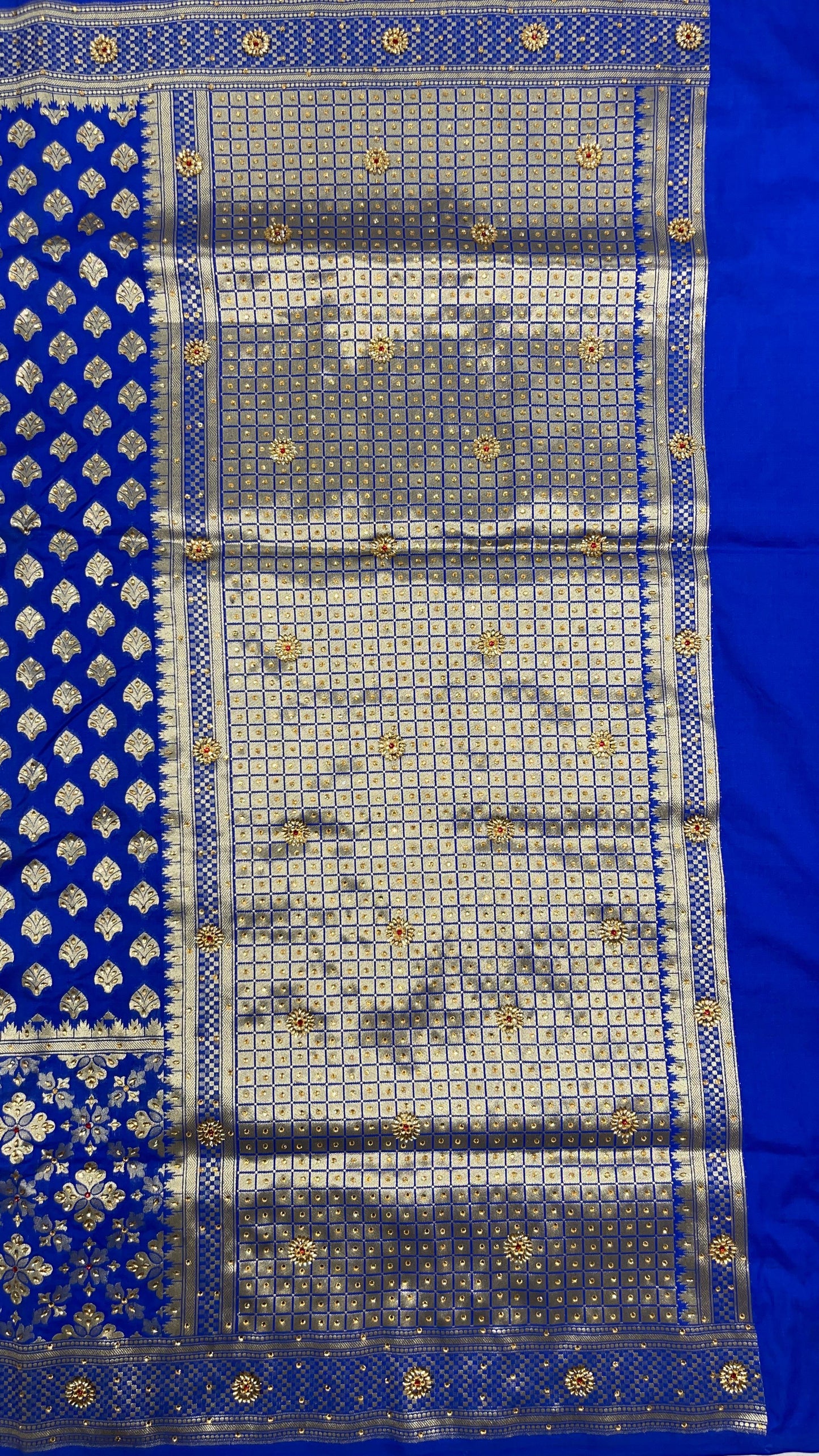 Faishana Presents Blue Satin Silk Floral Zari Booti Stone Heavy Work Banarasi Saree with Checkered Pallu Skirt Zari Border and Blue Blouse
