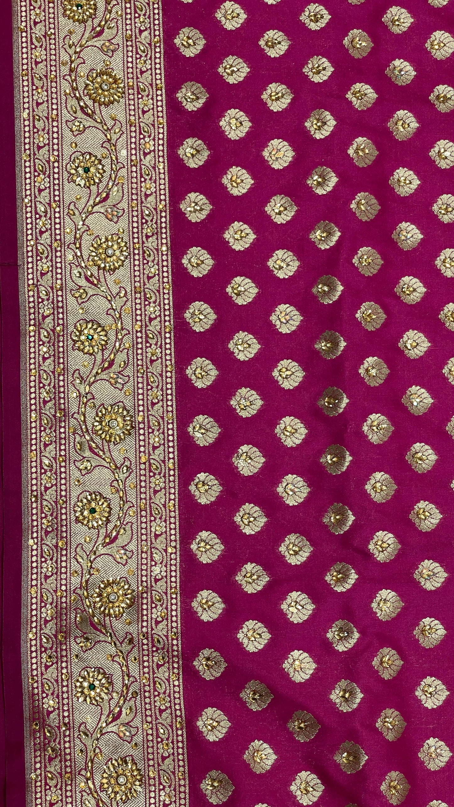 Faishana Presents Magenta Satin Silk Floral Zari Booti Heavy Stone Work Banarasi Saree with Lehariya Pallu and Magenta Blouse