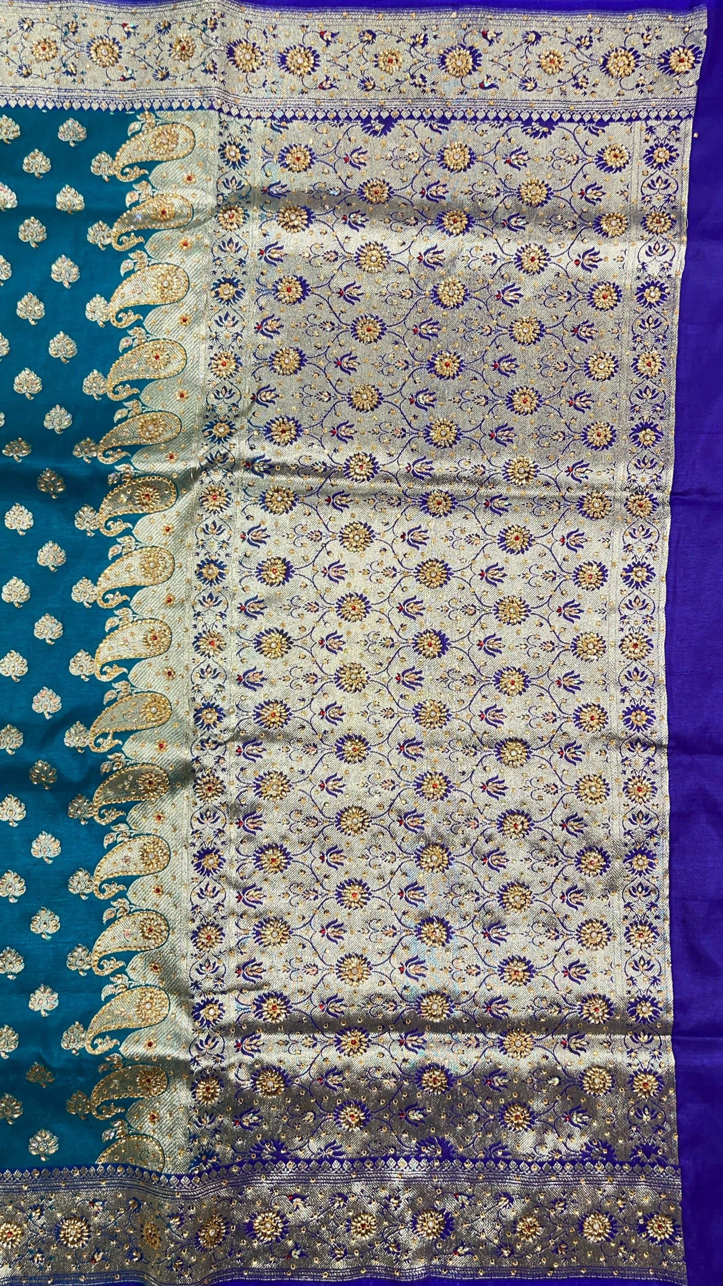Faishana Presents Seagreen Satin Silk Floral Zari Booti Heavy Stone Work Banarasi Saree with Contrast Purple Pallu and Purple Blouse
