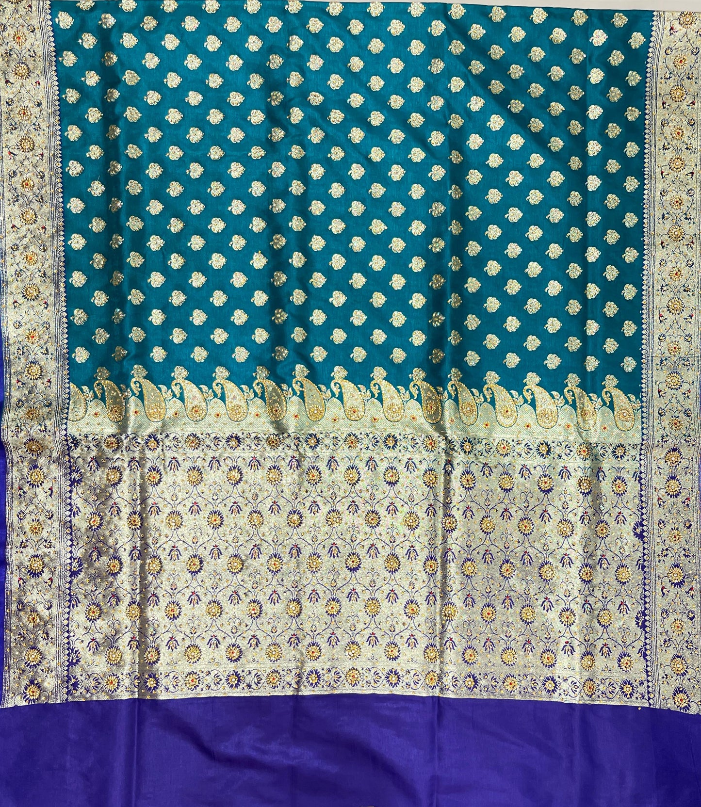 Faishana Presents Seagreen Satin Silk Floral Zari Booti Heavy Stone Work Banarasi Saree with Contrast Purple Pallu and Purple Blouse
