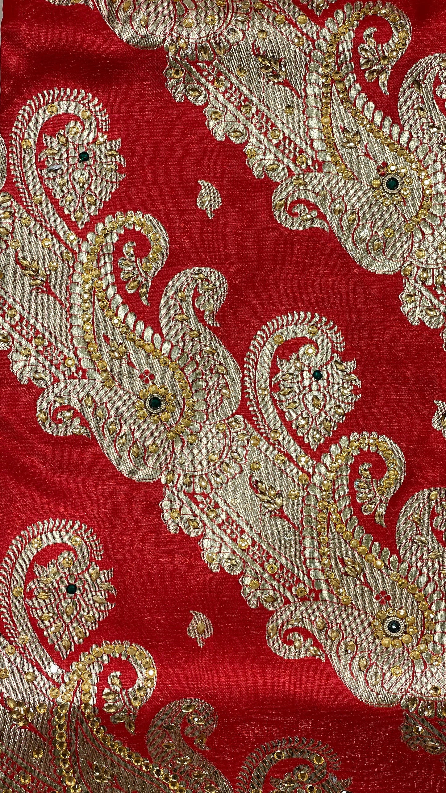 Faishana Presents Red Satin Silk Diagonal Zari Stripe Zari Jaal Heavy Stone Work Banarasi Saree with Red Pallu and Red Blouse