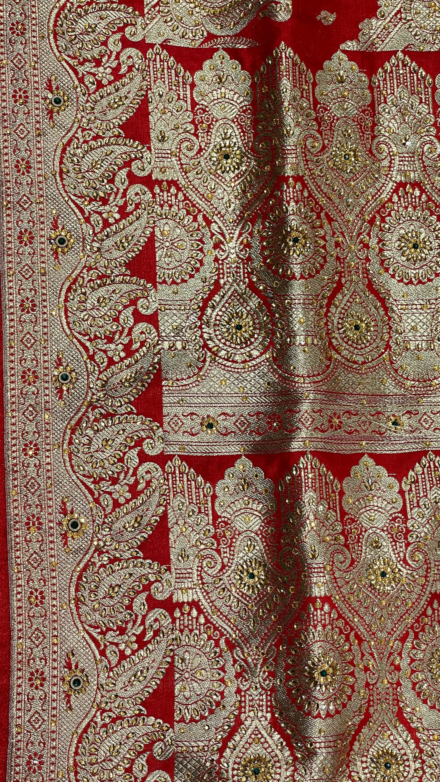 Faishana Presents Red Satin Silk Diagonal Zari Stripe Zari Jaal Heavy Stone Work Banarasi Saree with Red Pallu and Red Blouse