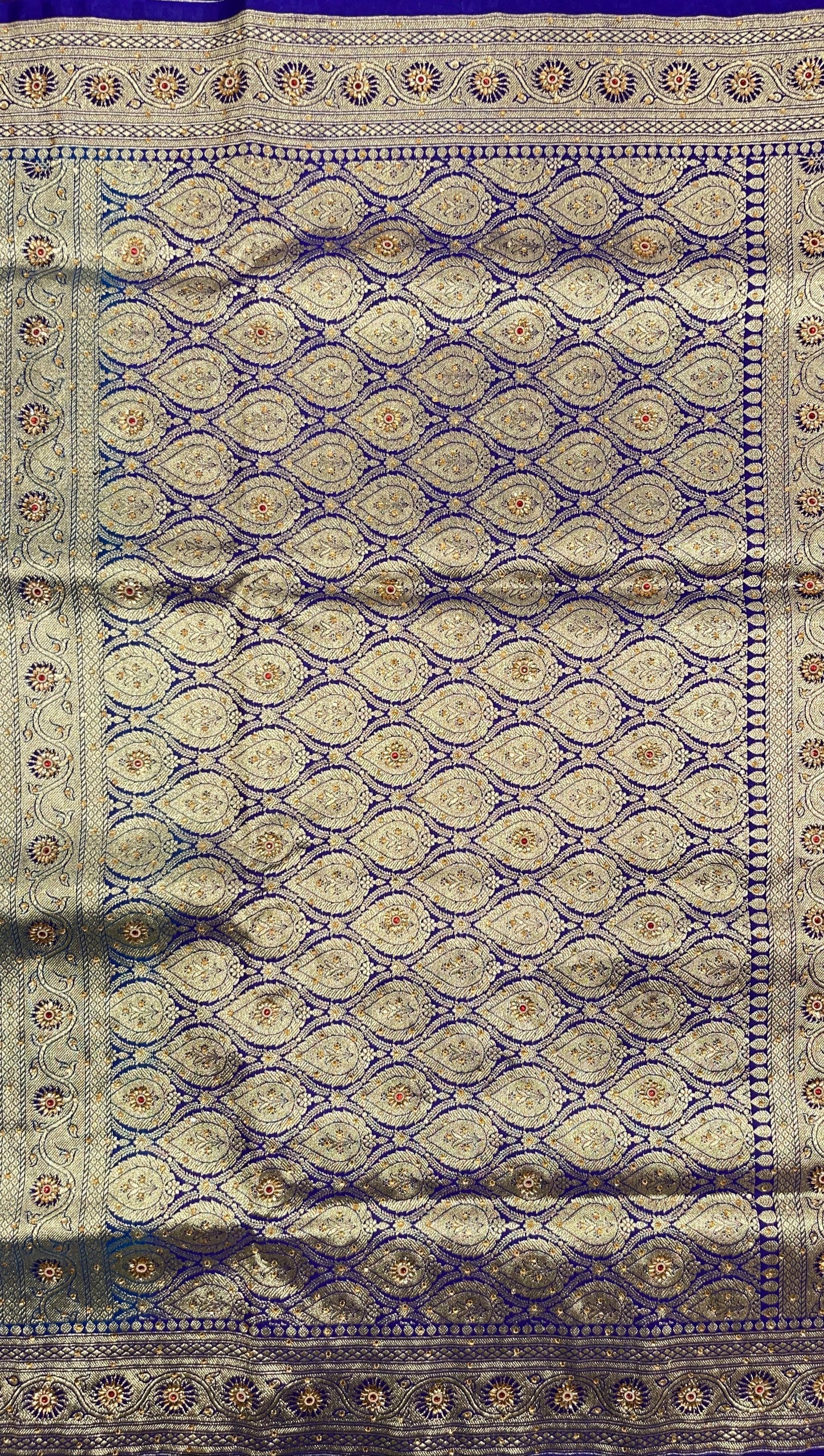 Faishana Presents Seagreen Katan Silk Zari Booti Heavy Stone Work Banarasi Saree with Contrast Blue Floral Pallu and Blue Blouse