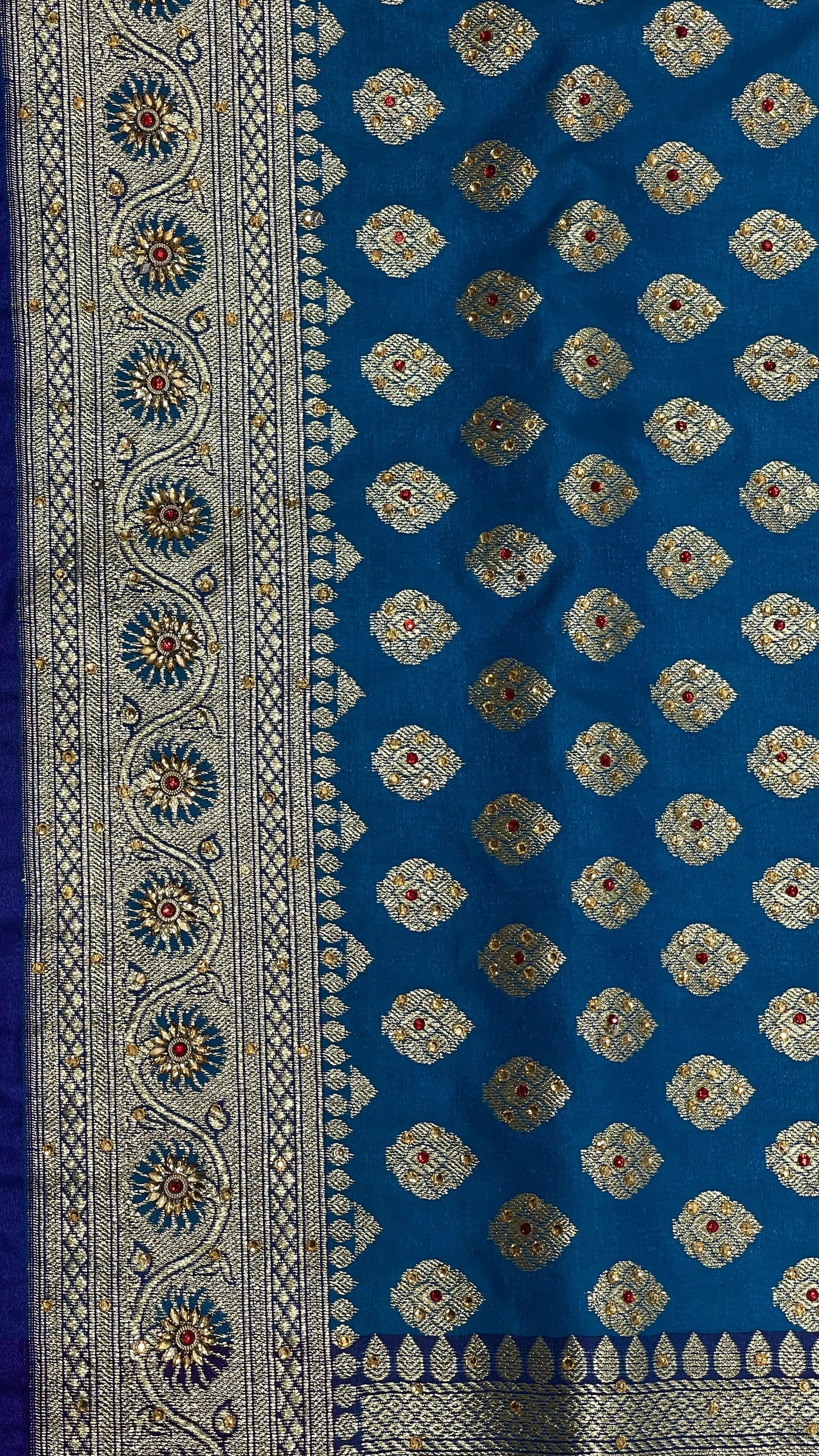 Faishana Presents Seagreen Katan Silk Zari Booti Heavy Stone Work Banarasi Saree with Contrast Blue Floral Pallu and Blue Blouse