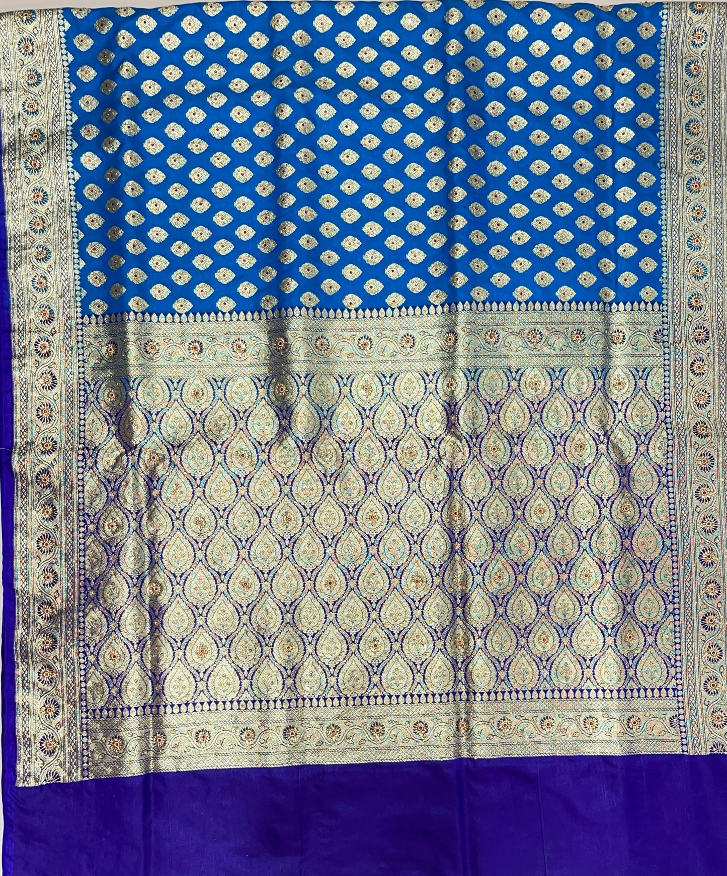 Faishana Presents Seagreen Katan Silk Zari Booti Heavy Stone Work Banarasi Saree with Contrast Blue Floral Pallu and Blue Blouse