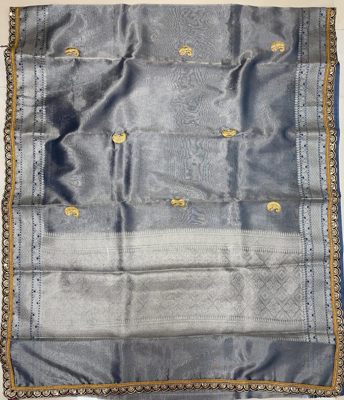 Faishana Presents Blue Lace Work Zardozi Pattern Patch work Saree with jacquard Blouse.