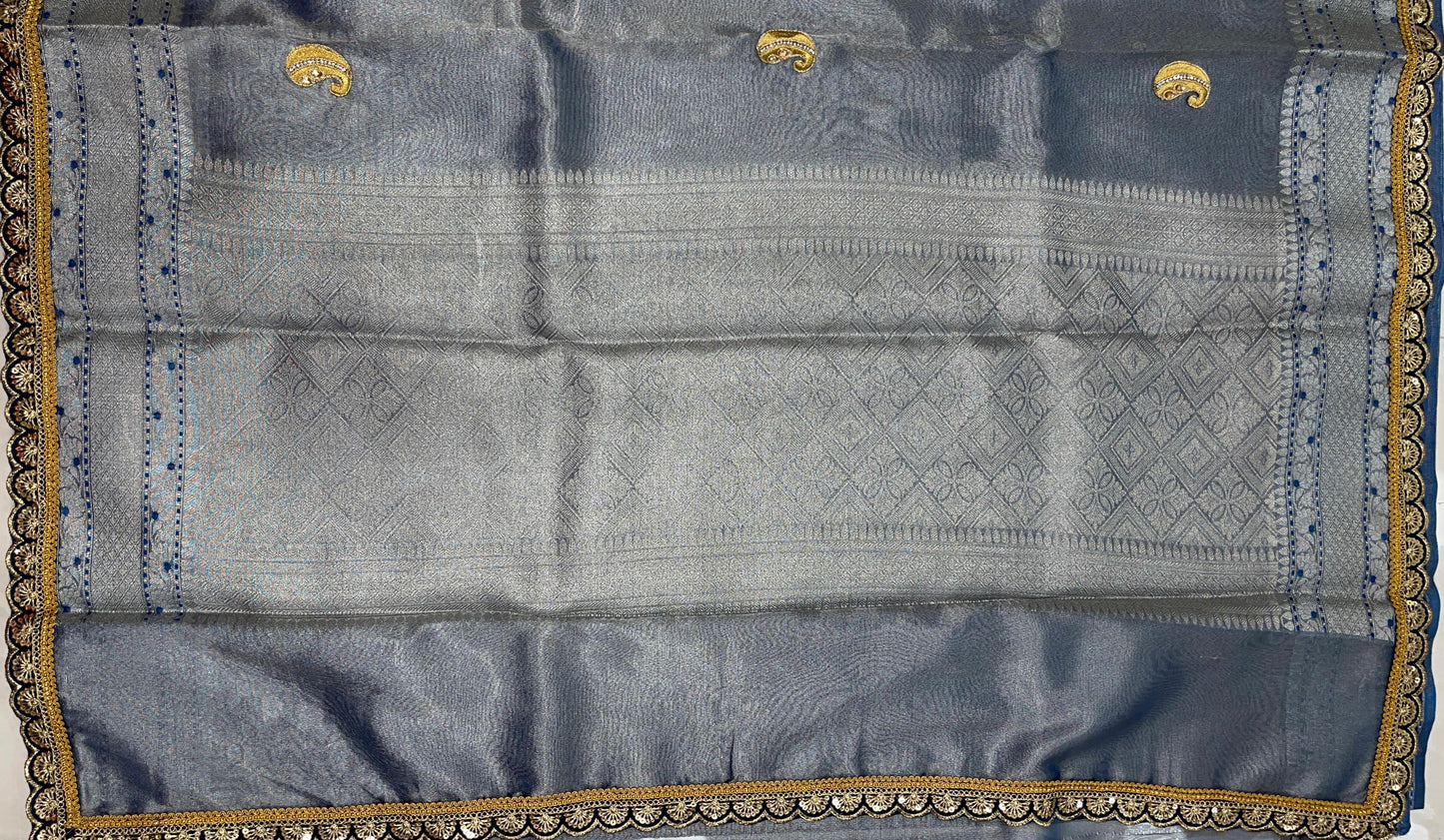 Faishana Presents Blue Lace Work Zardozi Pattern Patch work Saree with jacquard Blouse.