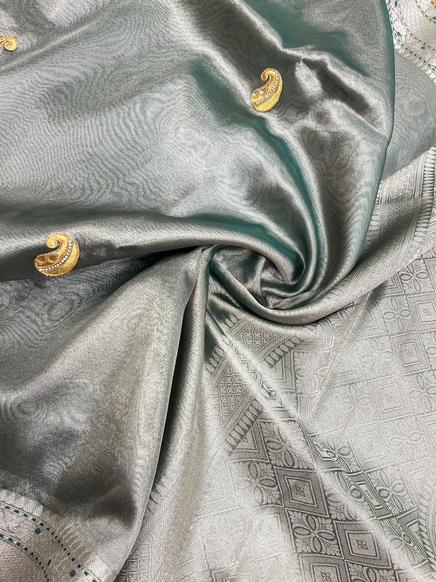 Faishana Presents Green Lace Work Zardoji Pattern Patch work Saree with jacquard Blouse.