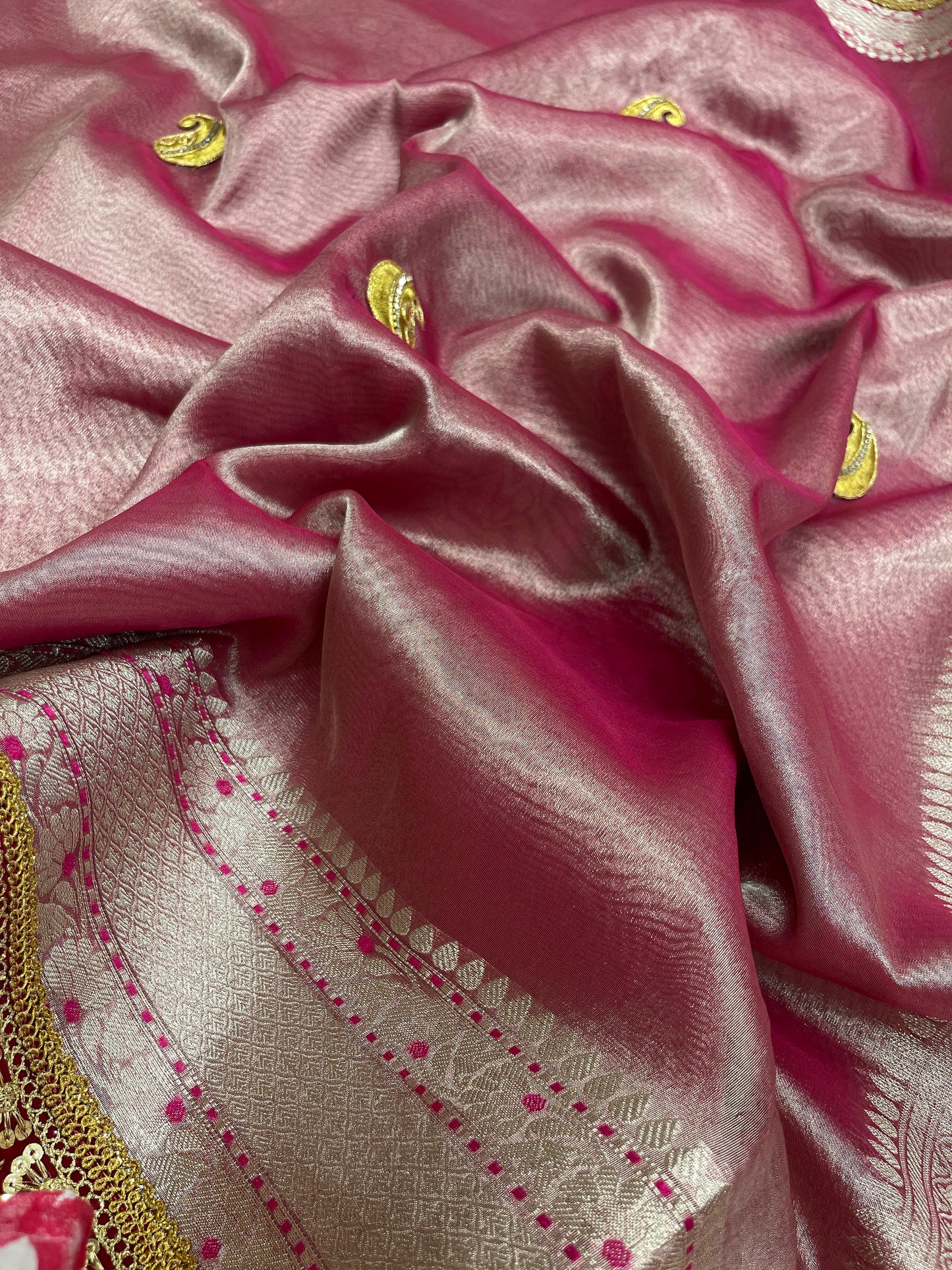 Faishana Presents Pink Lace Work Zardoji Pattern Patch work Saree with jacquard Blouse.