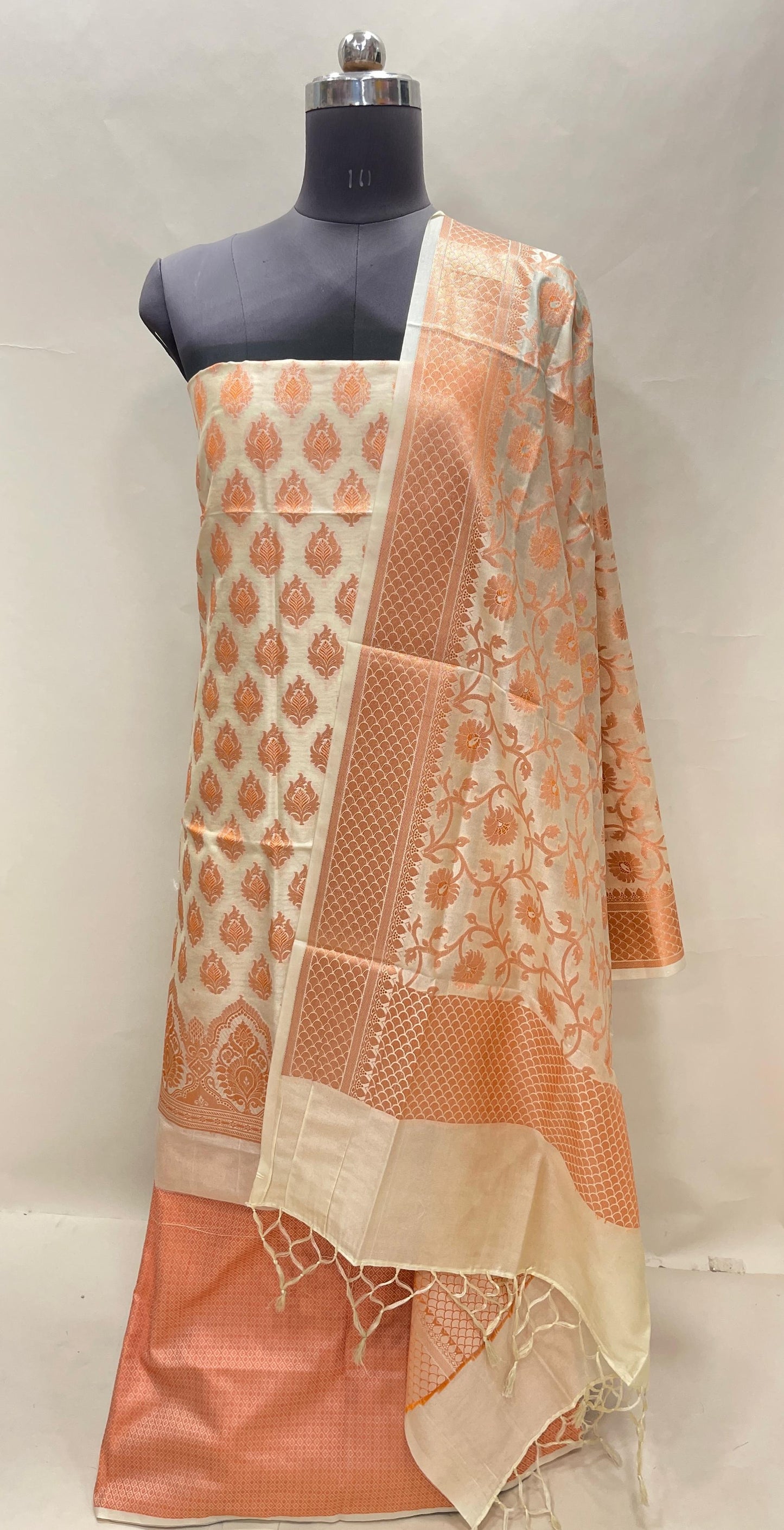 Faishana Presents Beige Semi Katan Silk 3 pcs Suit Set with Plain Bottom and Top Copper Floral Zari Booti with Copper Zari Jaal Dupatta ASD_101