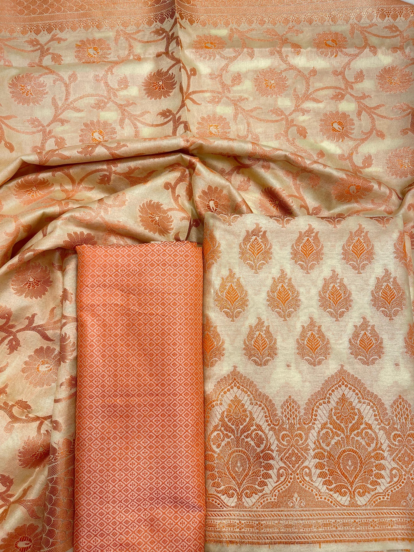 Faishana Presents Beige Semi Katan Silk 3 pcs Suit Set with Plain Bottom and Top Copper Floral Zari Booti with Copper Zari Jaal Dupatta ASD_101