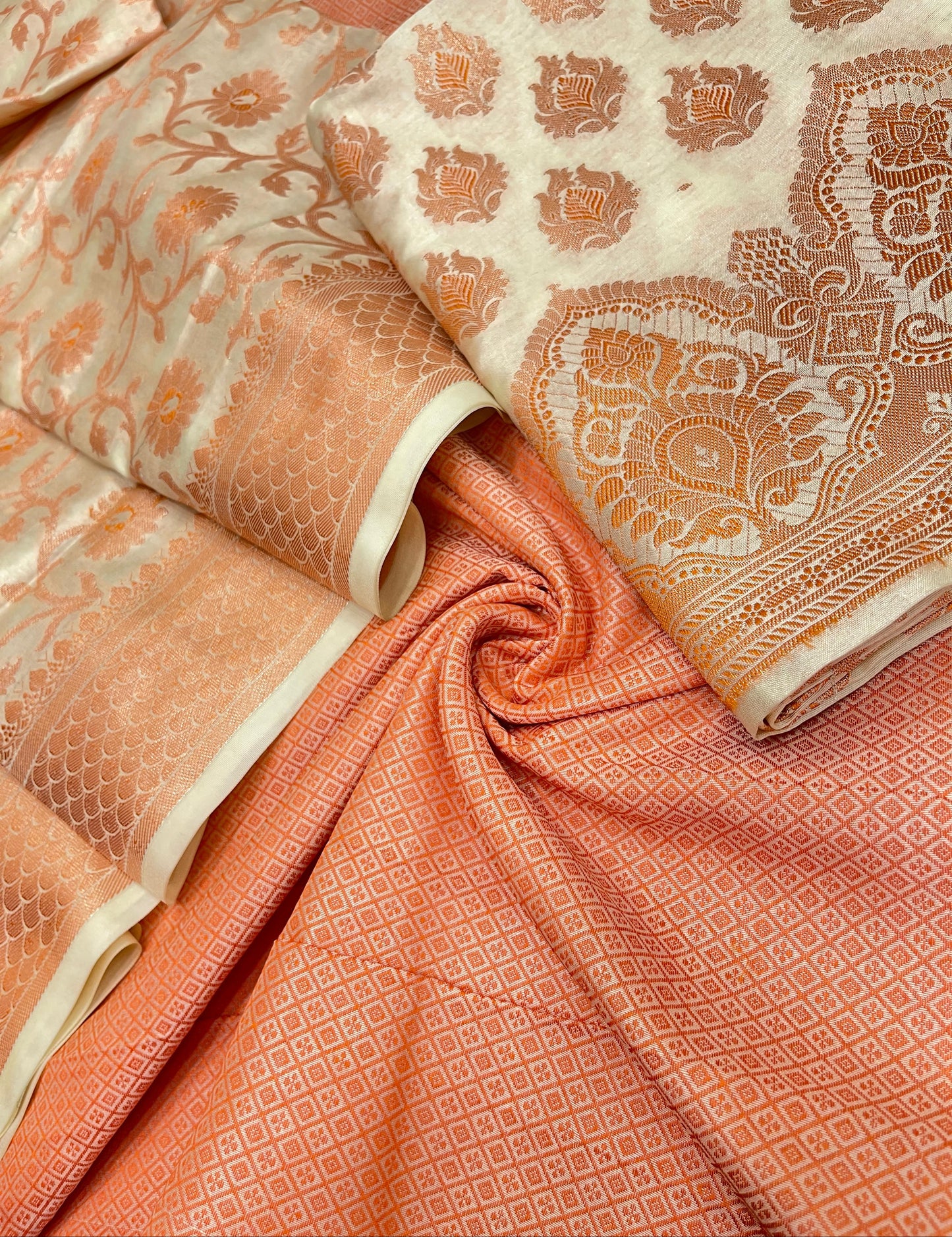 Faishana Presents Beige Semi Katan Silk 3 pcs Suit Set with Plain Bottom and Top Copper Floral Zari Booti with Copper Zari Jaal Dupatta ASD_101