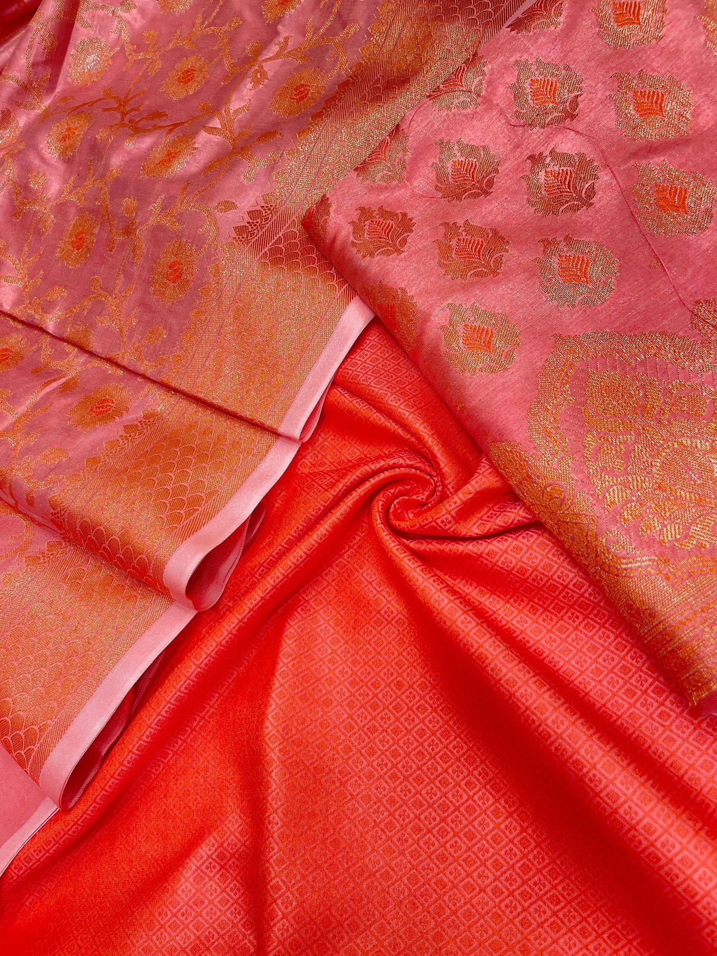 Faishana Presents Pink Semi Katan Silk 3 pcs Suit Set with Plain Bottom and Top Copper Floral Zari Booti with Copper Zari Jaal Dupatta ASD_102