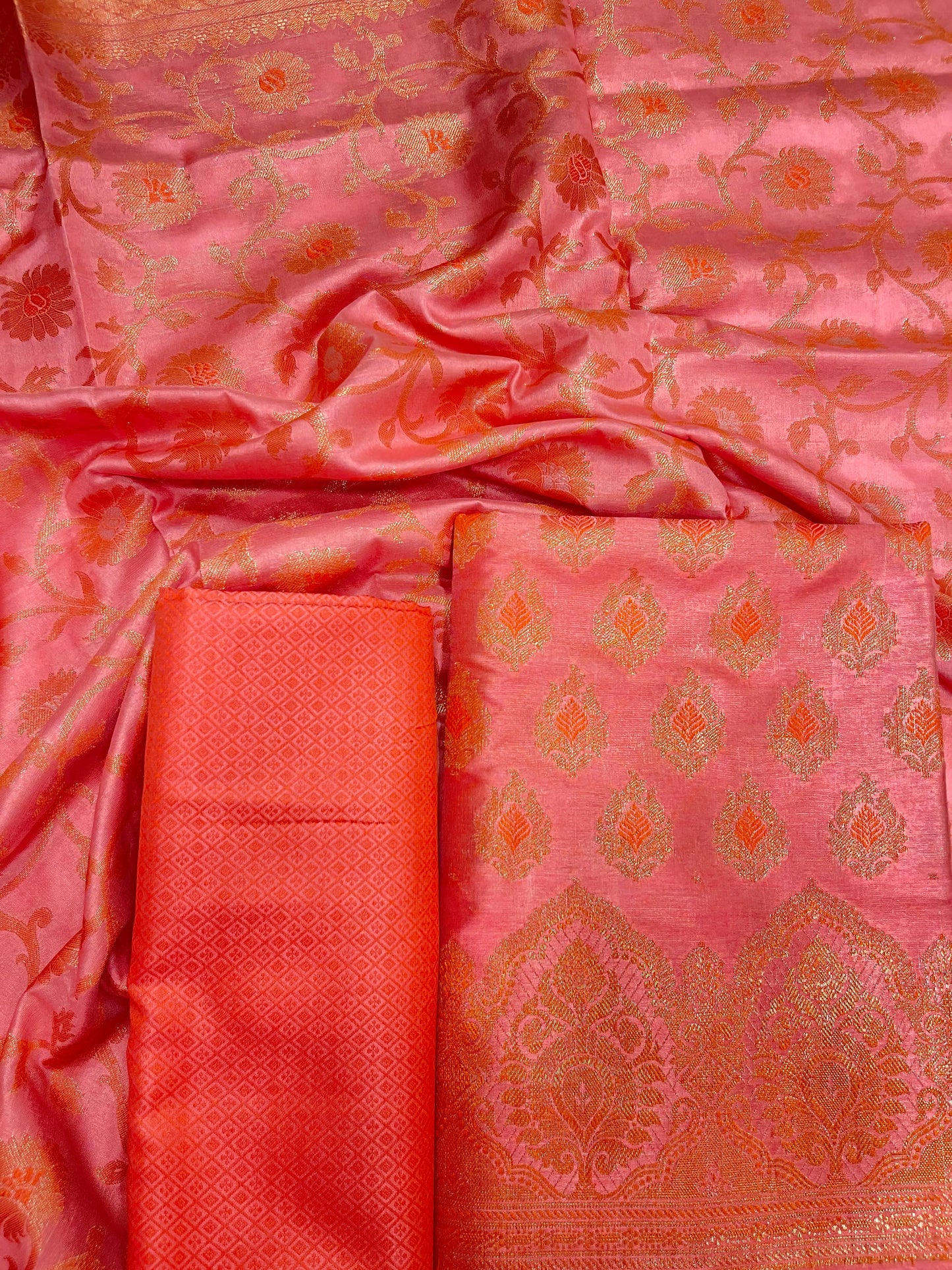 Faishana Presents Pink Semi Katan Silk 3 pcs Suit Set with Plain Bottom and Top Copper Floral Zari Booti with Copper Zari Jaal Dupatta ASD_102