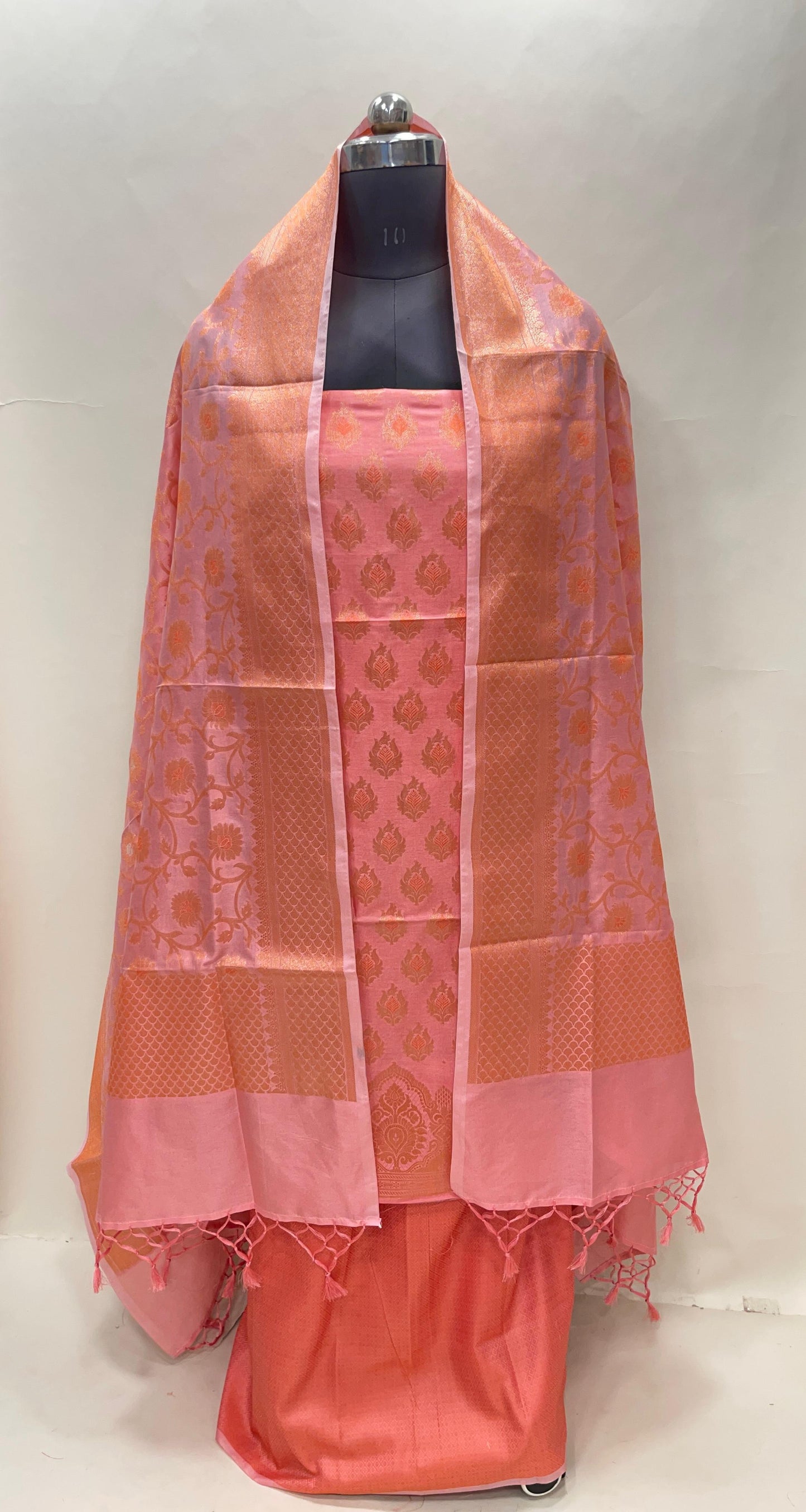 Faishana Presents Pink Semi Katan Silk 3 pcs Suit Set with Plain Bottom and Top Copper Floral Zari Booti with Copper Zari Jaal Dupatta ASD_102
