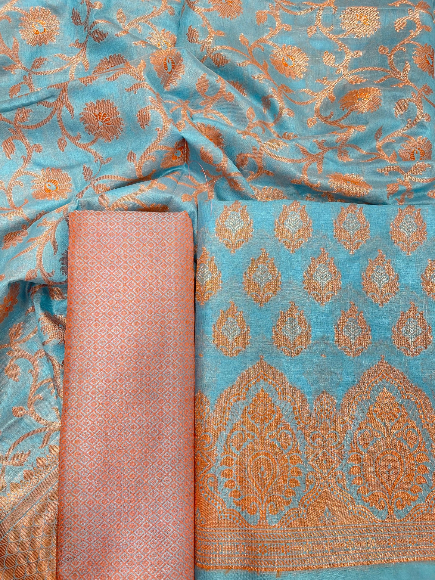Faishana Presents Sky Blue Semi Katan Silk 3 pcs Suit Set with Plain Bottom and Top Copper Floral Zari Booti with Copper Zari Jaal Dupatta ASD_103