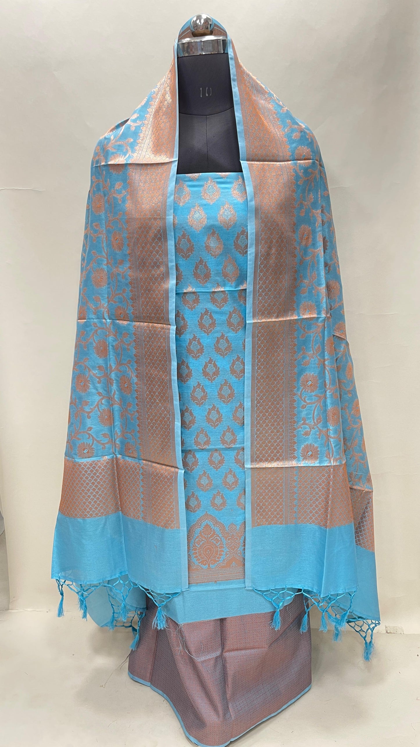 Faishana Presents Sky Blue Semi Katan Silk 3 pcs Suit Set with Plain Bottom and Top Copper Floral Zari Booti with Copper Zari Jaal Dupatta ASD_103