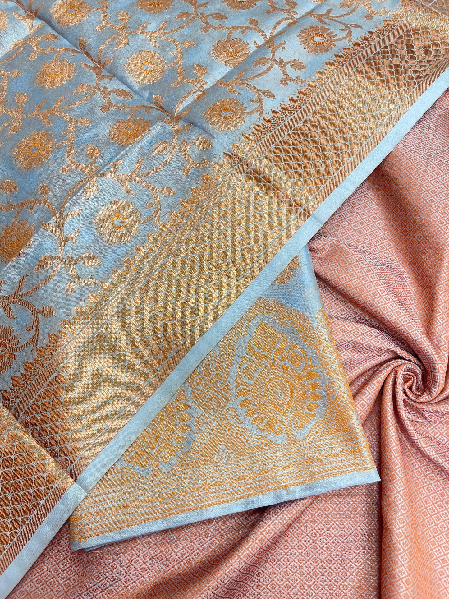 Faishana Presents Light Blue Semi Katan Silk 3 pcs Suit Set with Plain Bottom and Top Copper Floral Zari Booti with Copper Zari Jaal Dupatta ASD_104