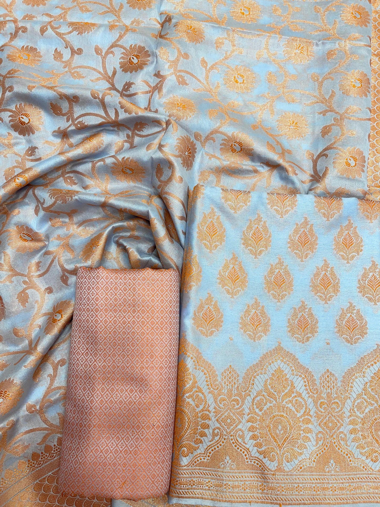 Faishana Presents Light Blue Semi Katan Silk 3 pcs Suit Set with Plain Bottom and Top Copper Floral Zari Booti with Copper Zari Jaal Dupatta ASD_104