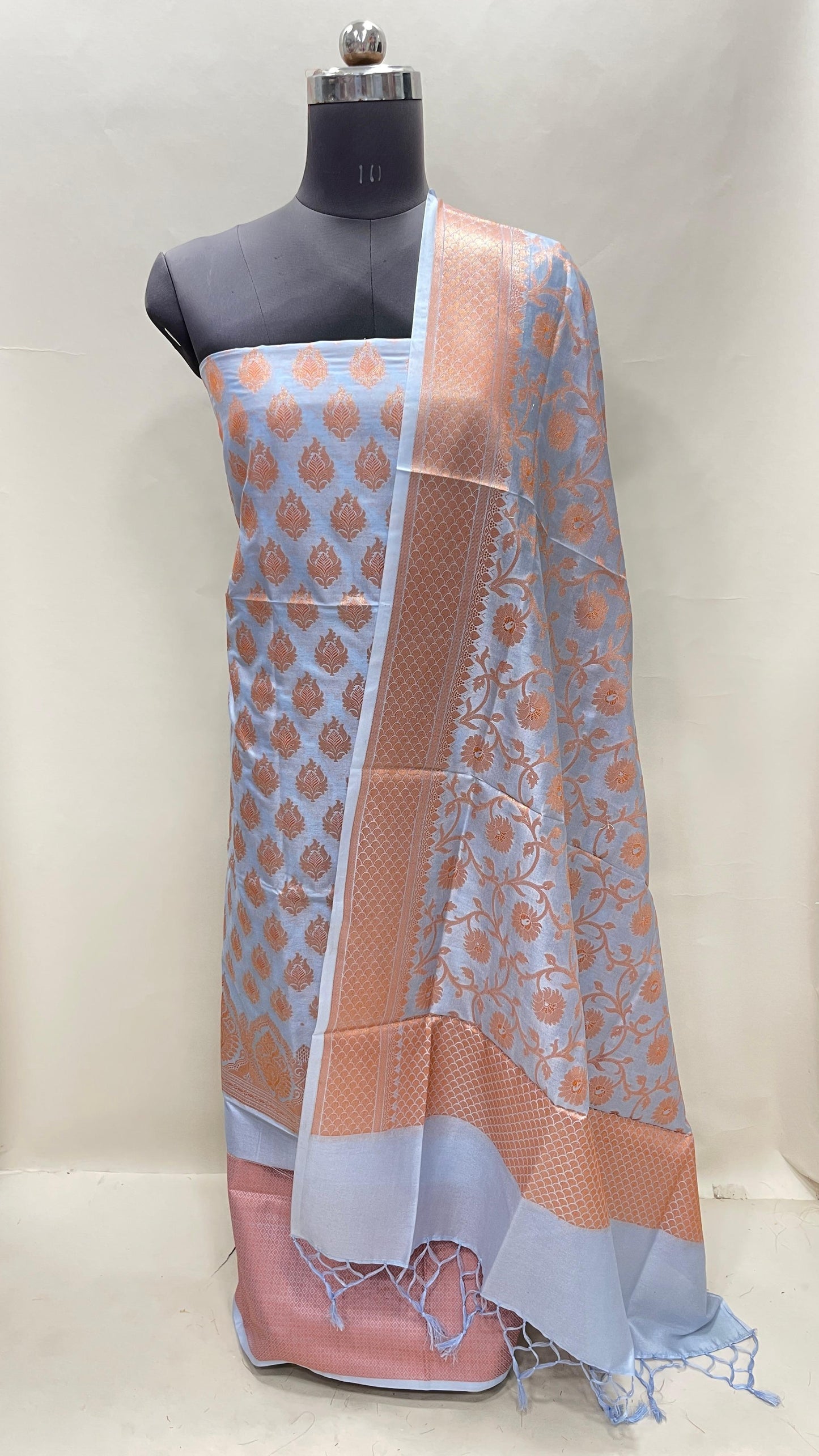 Faishana Presents Light Blue Semi Katan Silk 3 pcs Suit Set with Plain Bottom and Top Copper Floral Zari Booti with Copper Zari Jaal Dupatta ASD_104