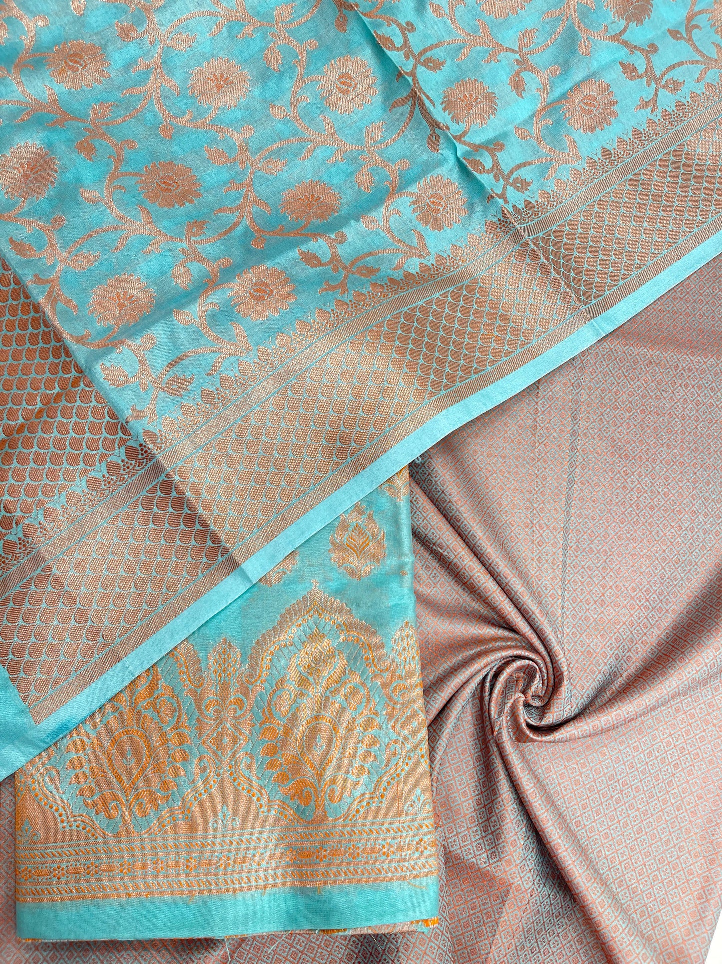 Faishana Presents Sea Green Semi Katan Silk 3 pcs Suit Set with Plain Bottom and Top Copper Floral Zari Booti with Copper Zari Jaal Dupatta ASD_105