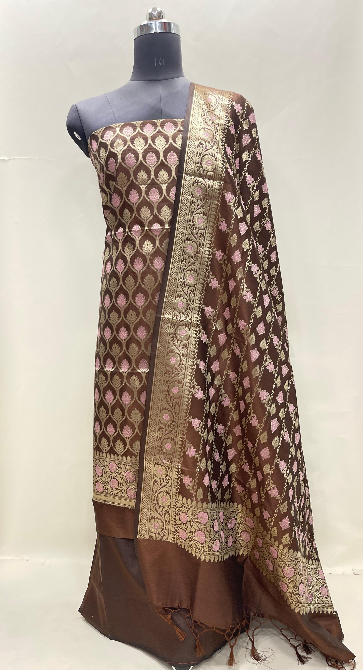 Faishana Presents Brown Semi Katan Silk 3 pcs Suit Set with Plain Bottom and Top Floral Minakari Zari Booti with Stripe Mina Brown Dupatta ASD_106