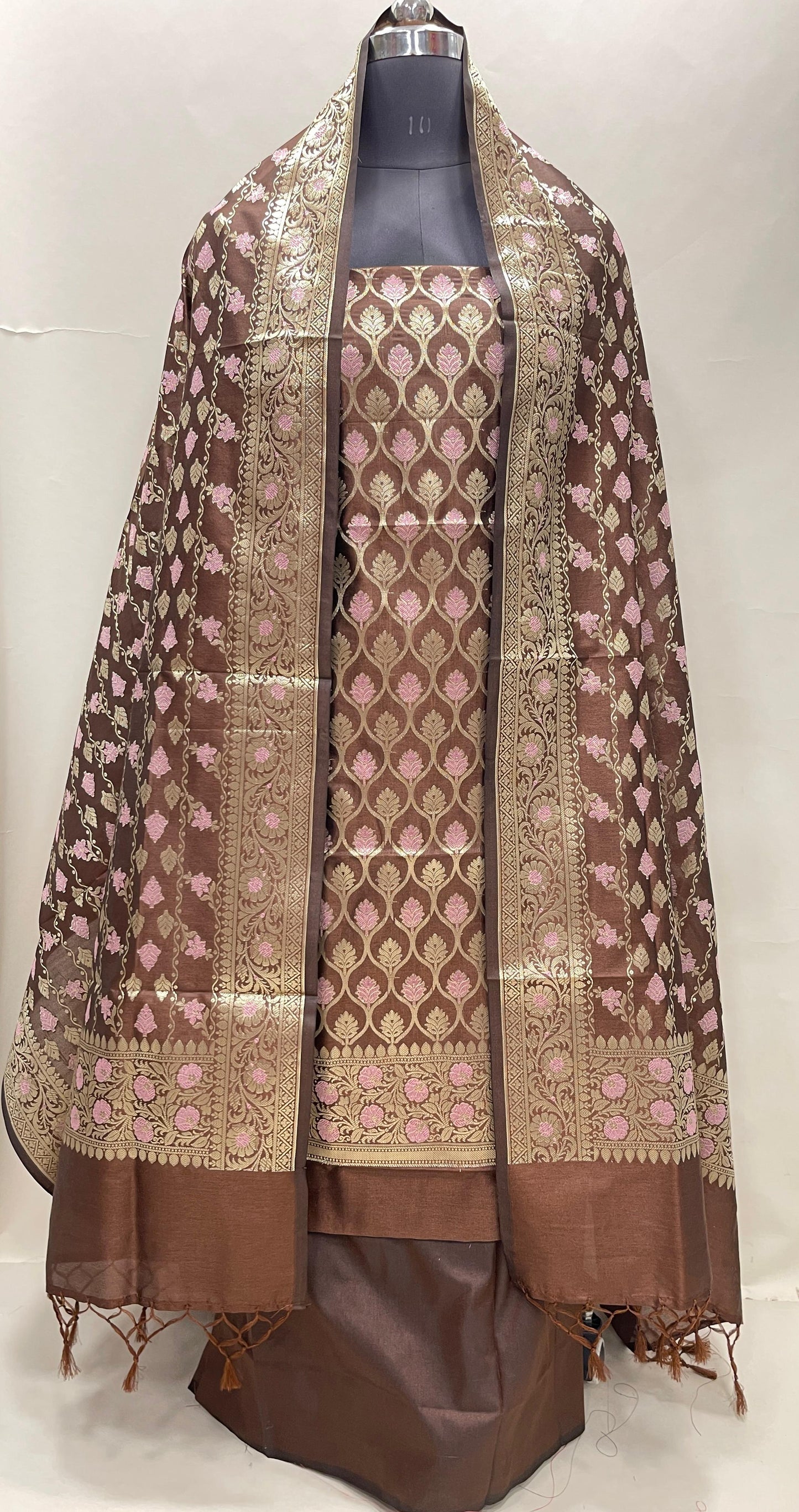 Faishana Presents Brown Semi Katan Silk 3 pcs Suit Set with Plain Bottom and Top Floral Minakari Zari Booti with Stripe Mina Brown Dupatta ASD_106