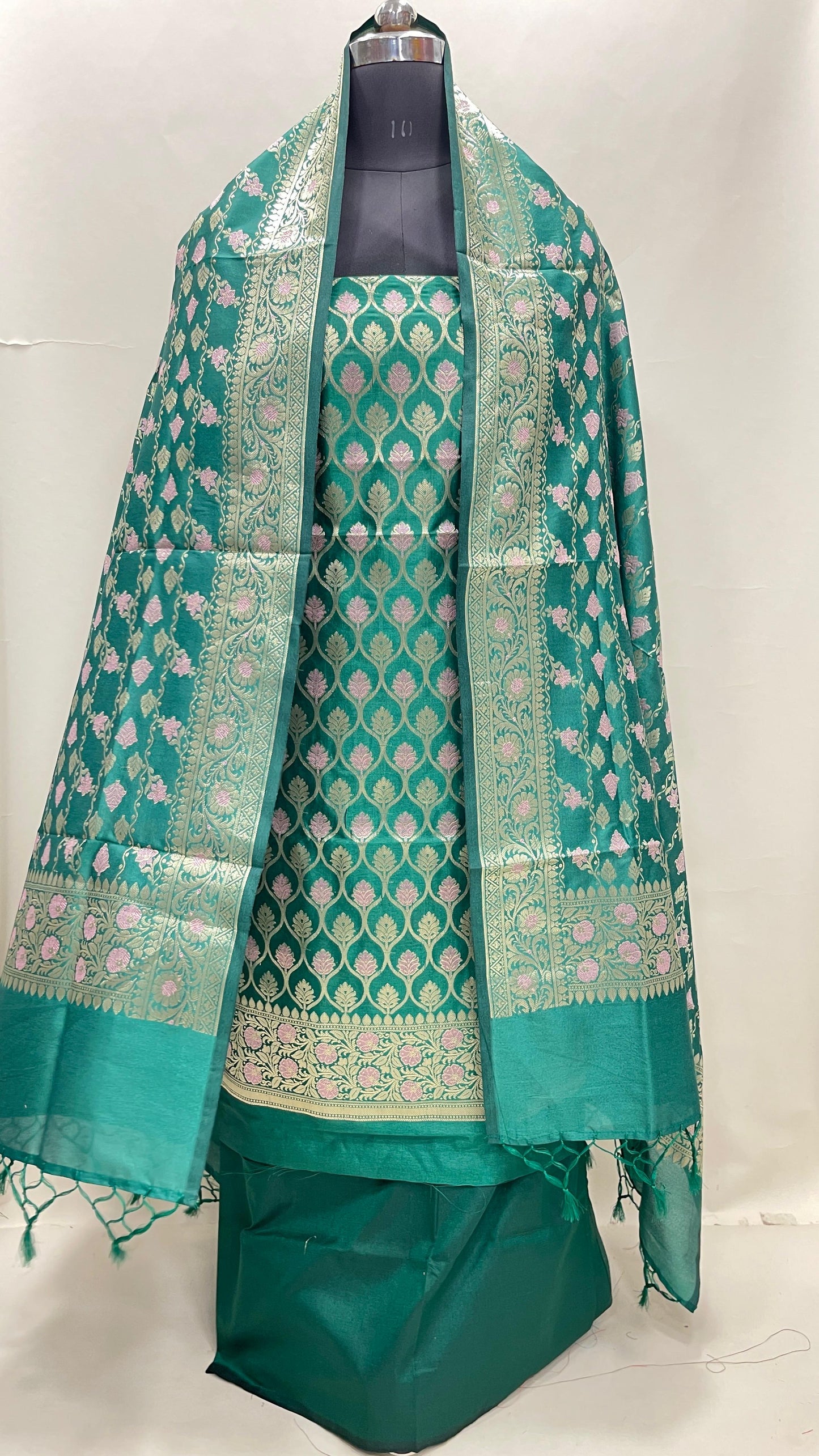Faishana Presents Sea Green Semi Katan Silk 3 pcs Suit Set with Plain Bottom and Top Floral Minakari Zari Booti with Stripe Mina Sea Green Dupatta ASD_108