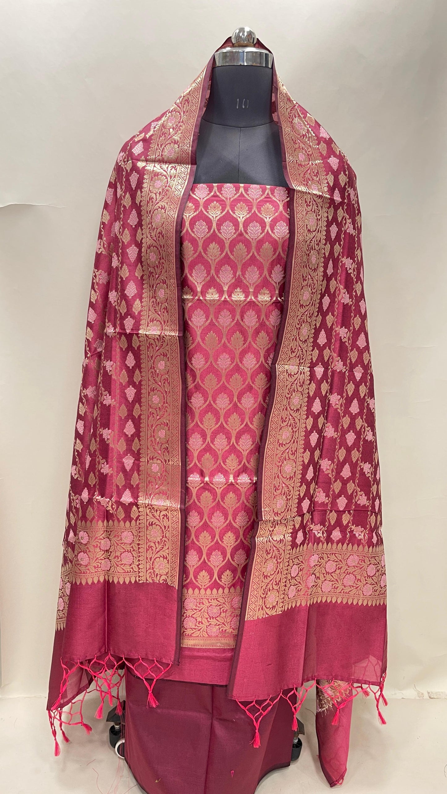Faishana Presents Pink Semi Katan Silk 3 pcs Suit Set with Plain Bottom and Top Floral Minakari Zari Booti with Stripe Mina Pink Dupatta ASD_107