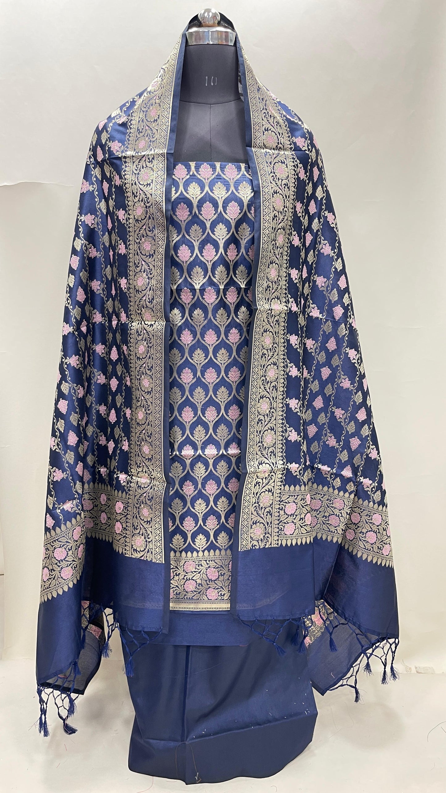 Faishana Presents Navy Blue Semi Katan Silk 3 pcs Suit Set with Plain Bottom and Top Floral Minakari Zari Booti with Stripe Mina Navy Blue Dupatta ASD_109