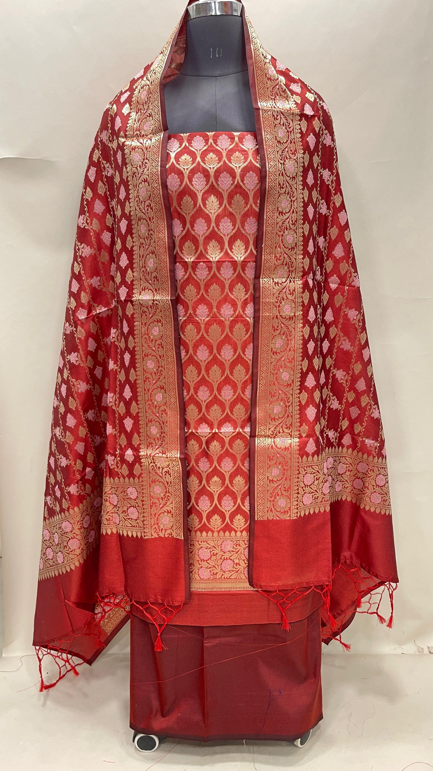 Faishana Presents Red Semi Katan Silk 3 pcs Suit Set with Plain Bottom and Top Floral Minakari Zari Booti with Stripe Mina Red Dupatta ASD_110