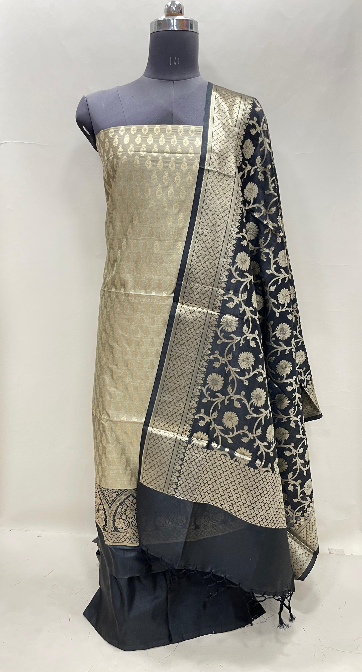 Faishana Presents Olive Semi Katan Silk 3 pcs Suit Set with Contrast Black Plain Bottom and Top Floral Zari Booti with Alfi Jaal Black Dupatta ASD_112