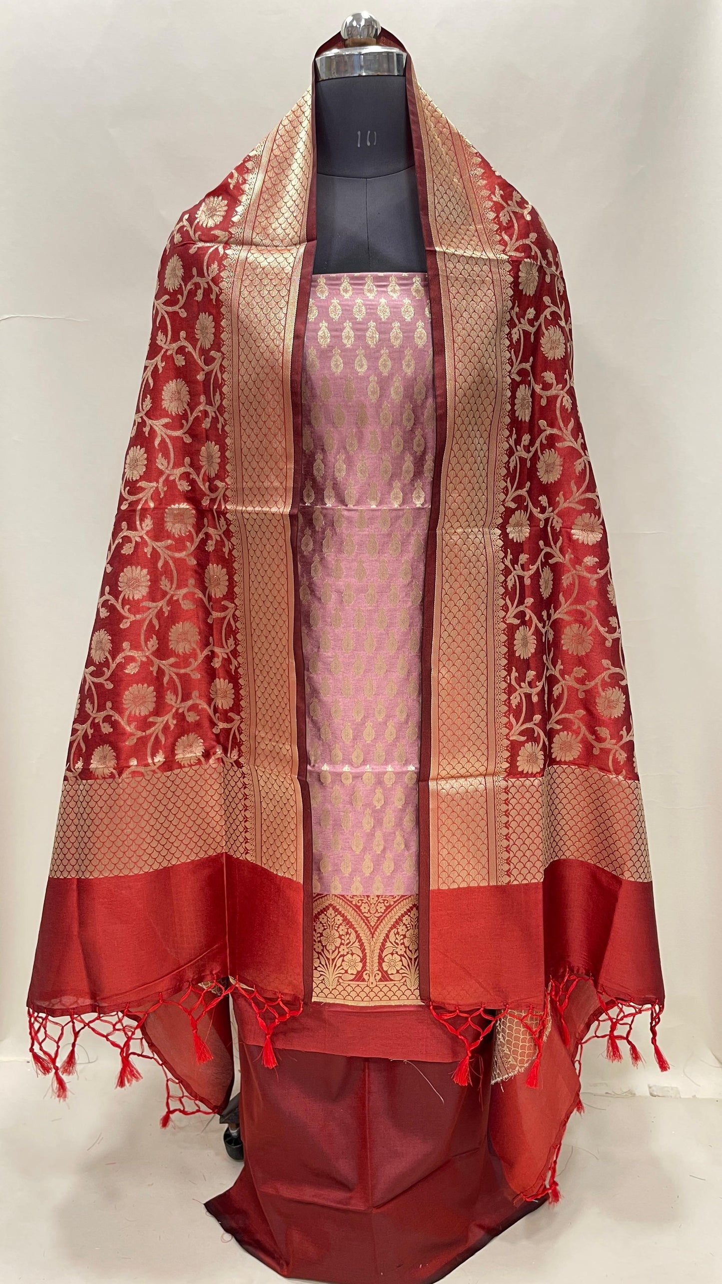 Faishana Presents Baby Pink Semi Katan Silk 3 pcs Suit Set with Contrast Red Plain Bottom and Top Floral Zari Booti with Alfi Jaal Red Dupatta ASD_113