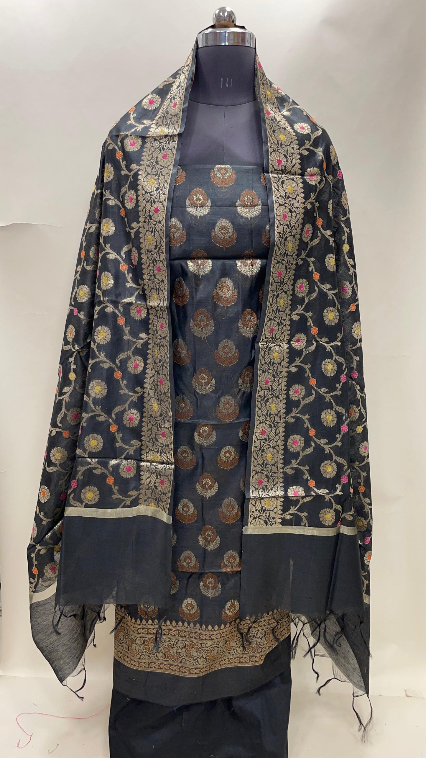 Black cotton suit with floral zari resham mina bootis and jaal dupatta. SHL_14