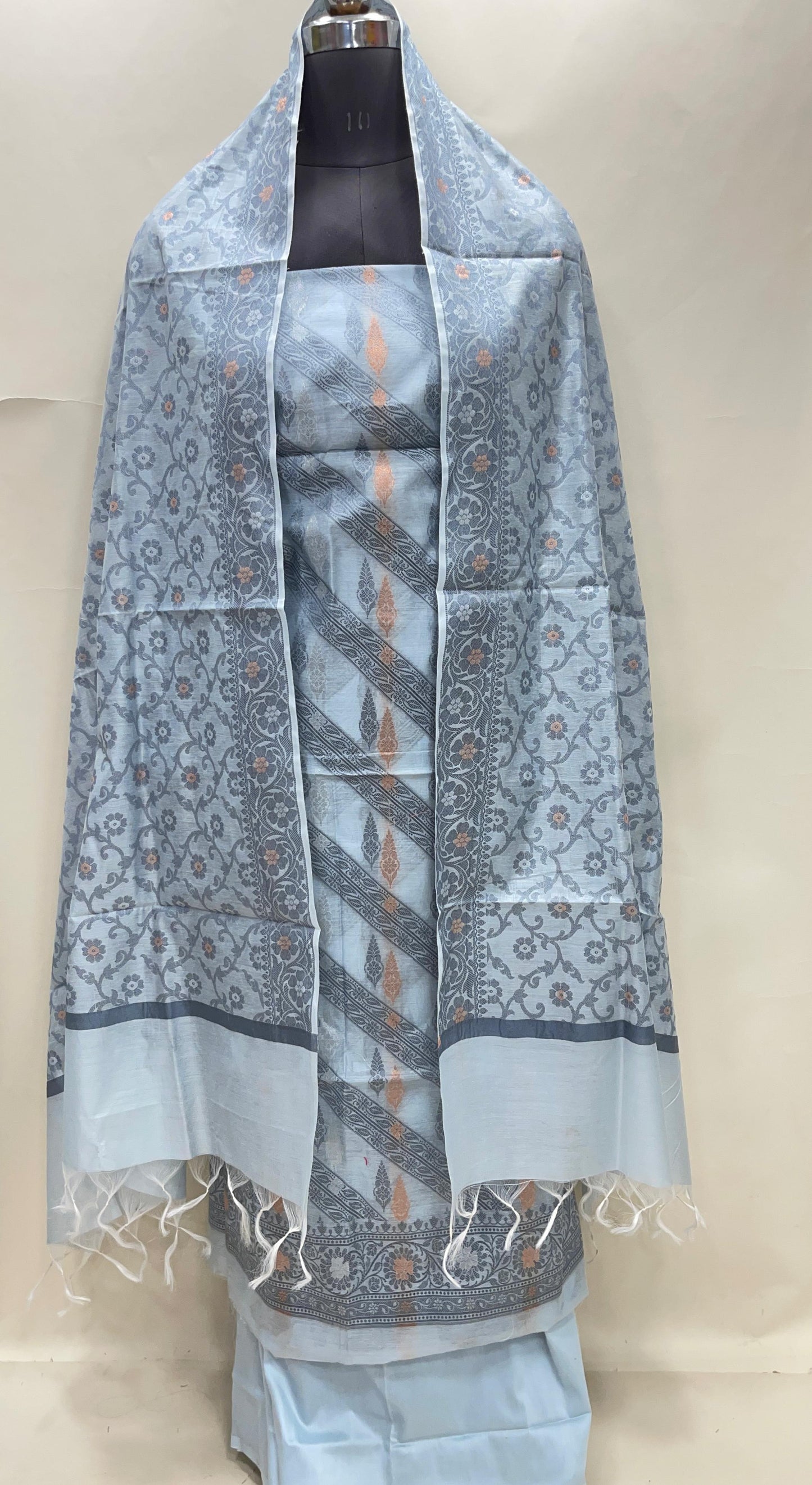 Light grey cotton suit set with diagonal stripes and tilfi jaal dupatta. SHL_20