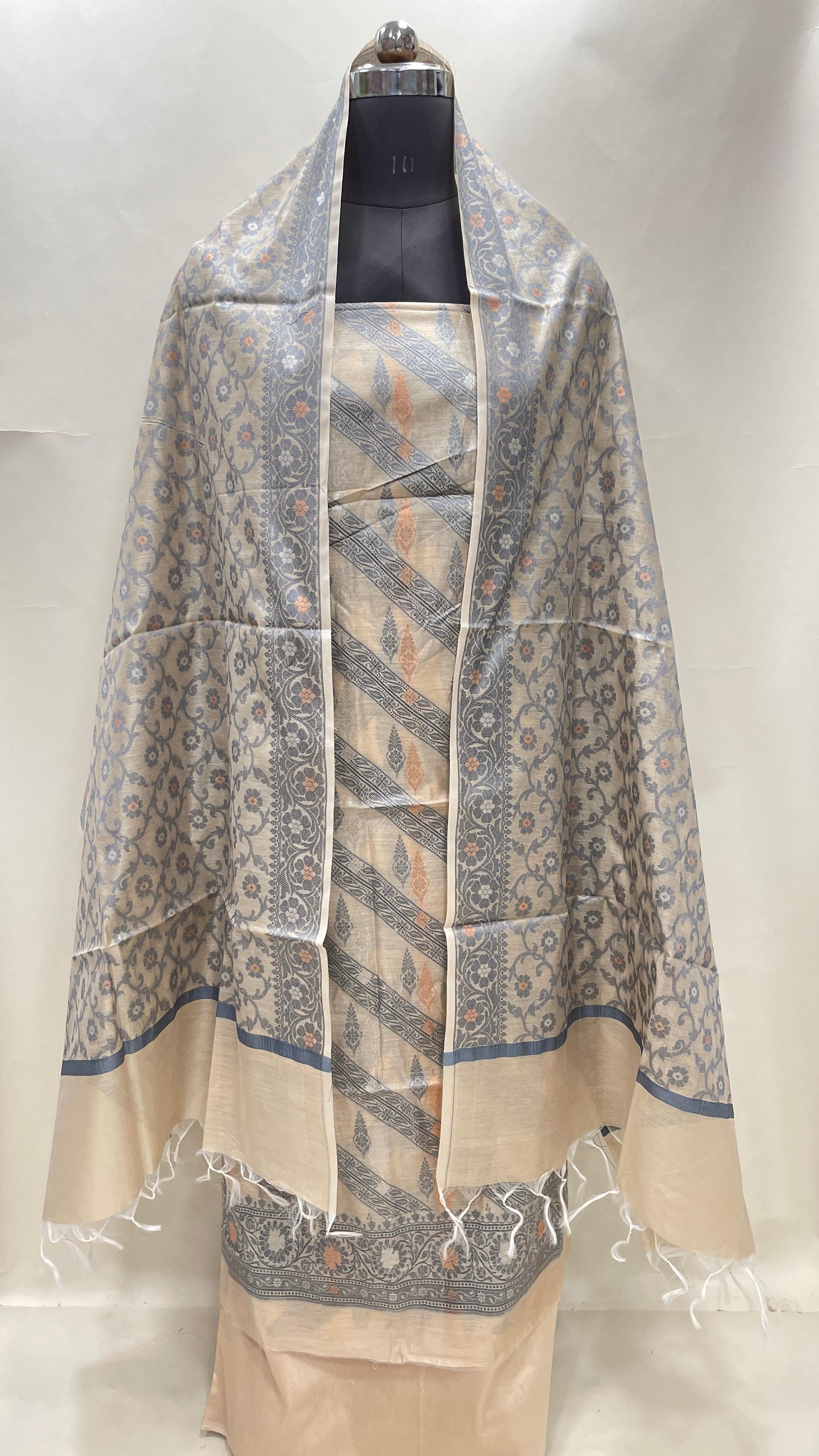 Beige cotton suit set with diagonal resham stripes and tilfi jaal dupatta. SHL_21