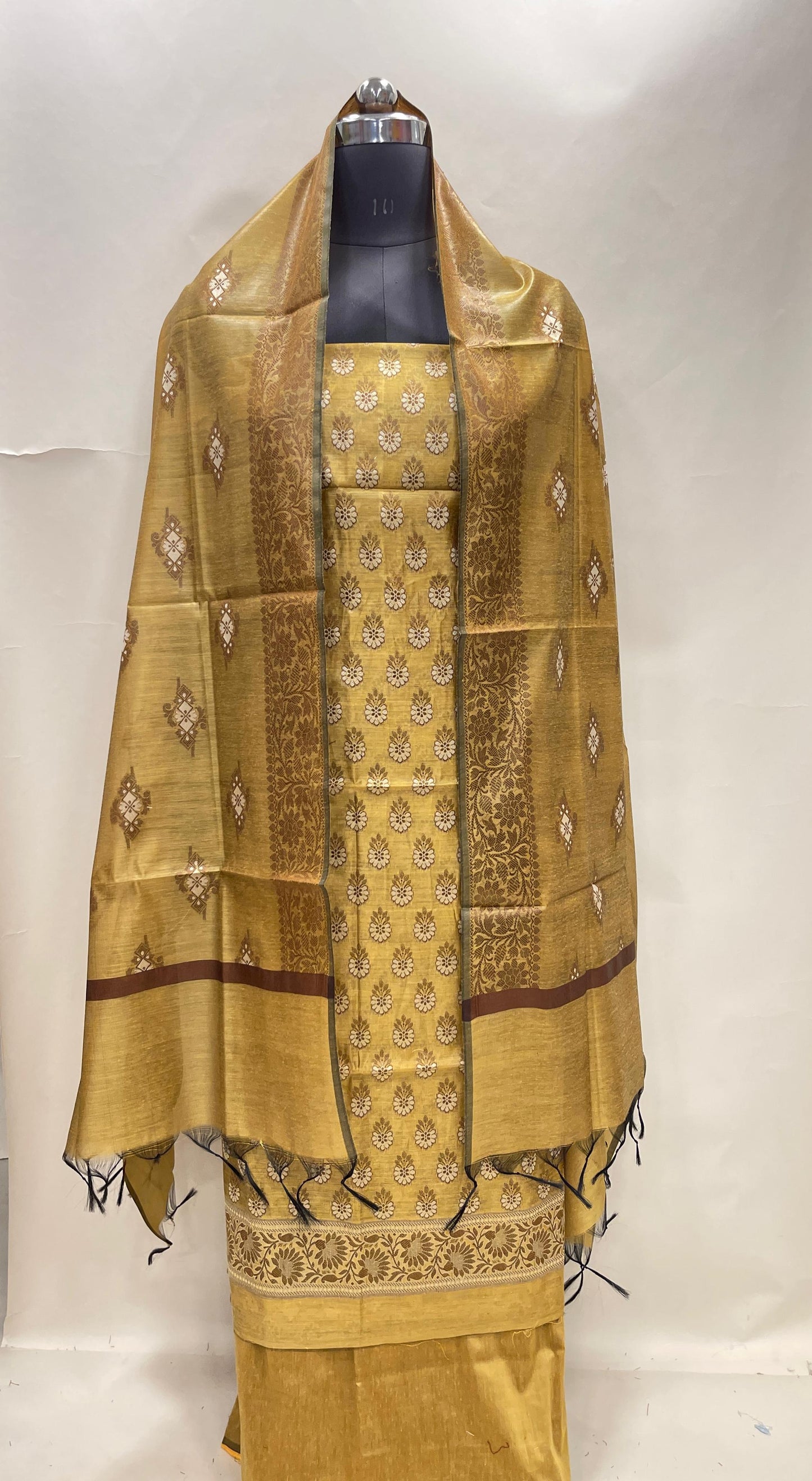 Gold cotton suit set with floral resham mina bootis and matching dupatta. SHL_23