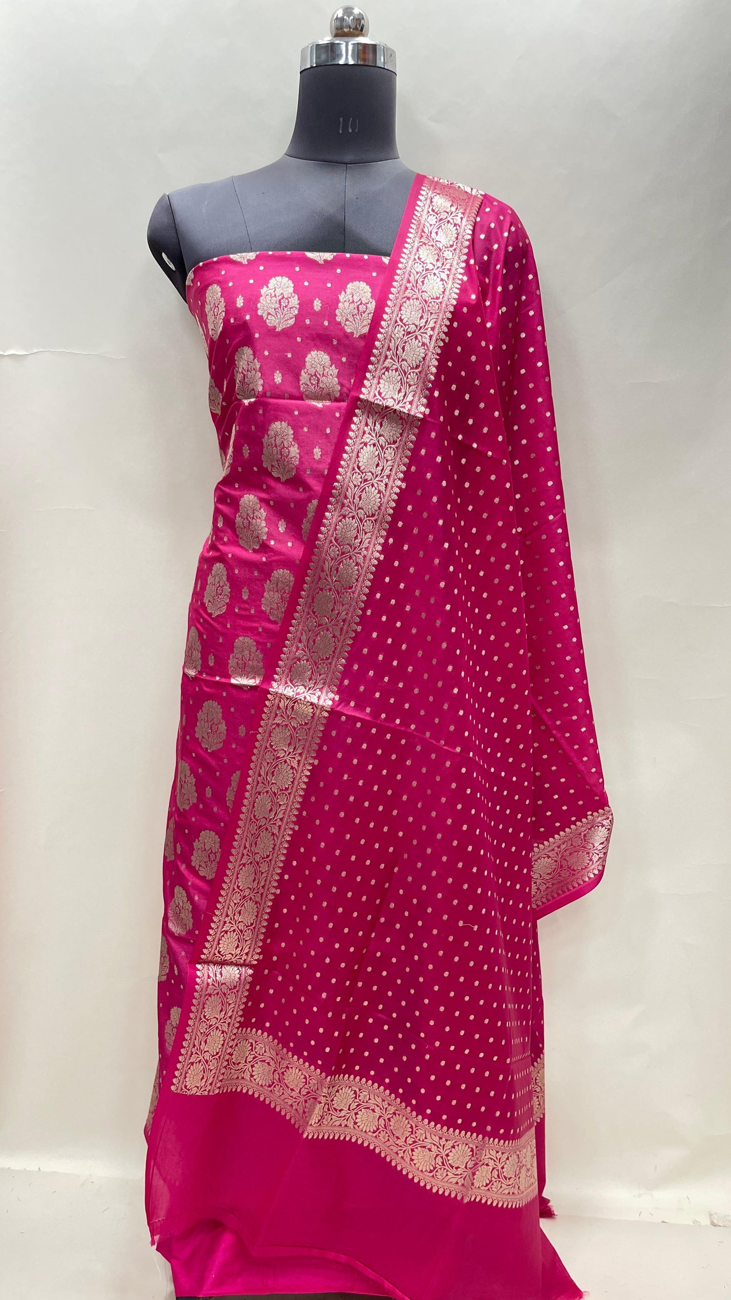 Pink semi-georgette suit set featuring floral silver zari bootis and matching dupatta. SHL_41