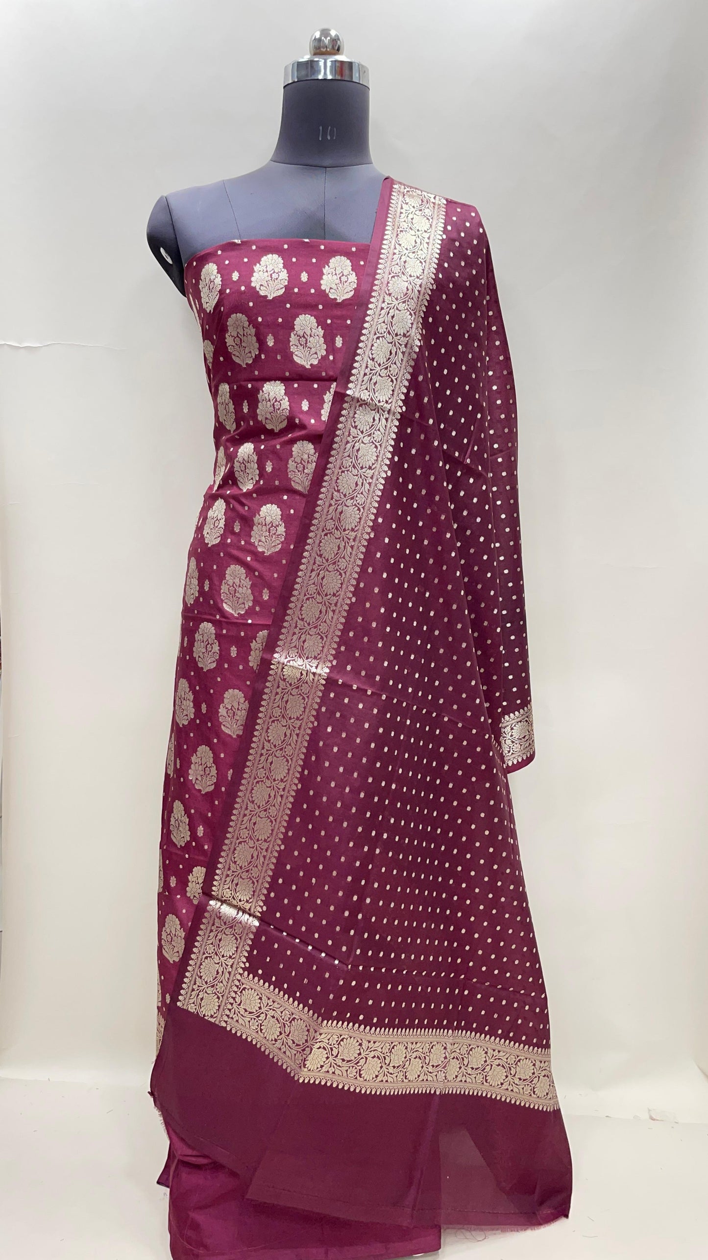 Wine semi-georgette suit set with floral silver zari bootis and matching dupatta. SHL_40