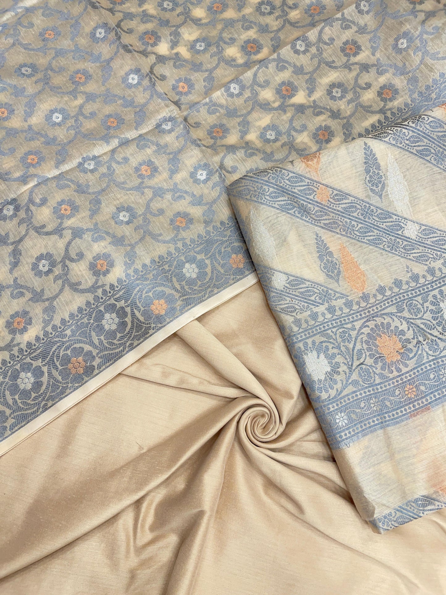 Beige cotton suit set with diagonal resham stripes and tilfi jaal dupatta. SHL_21