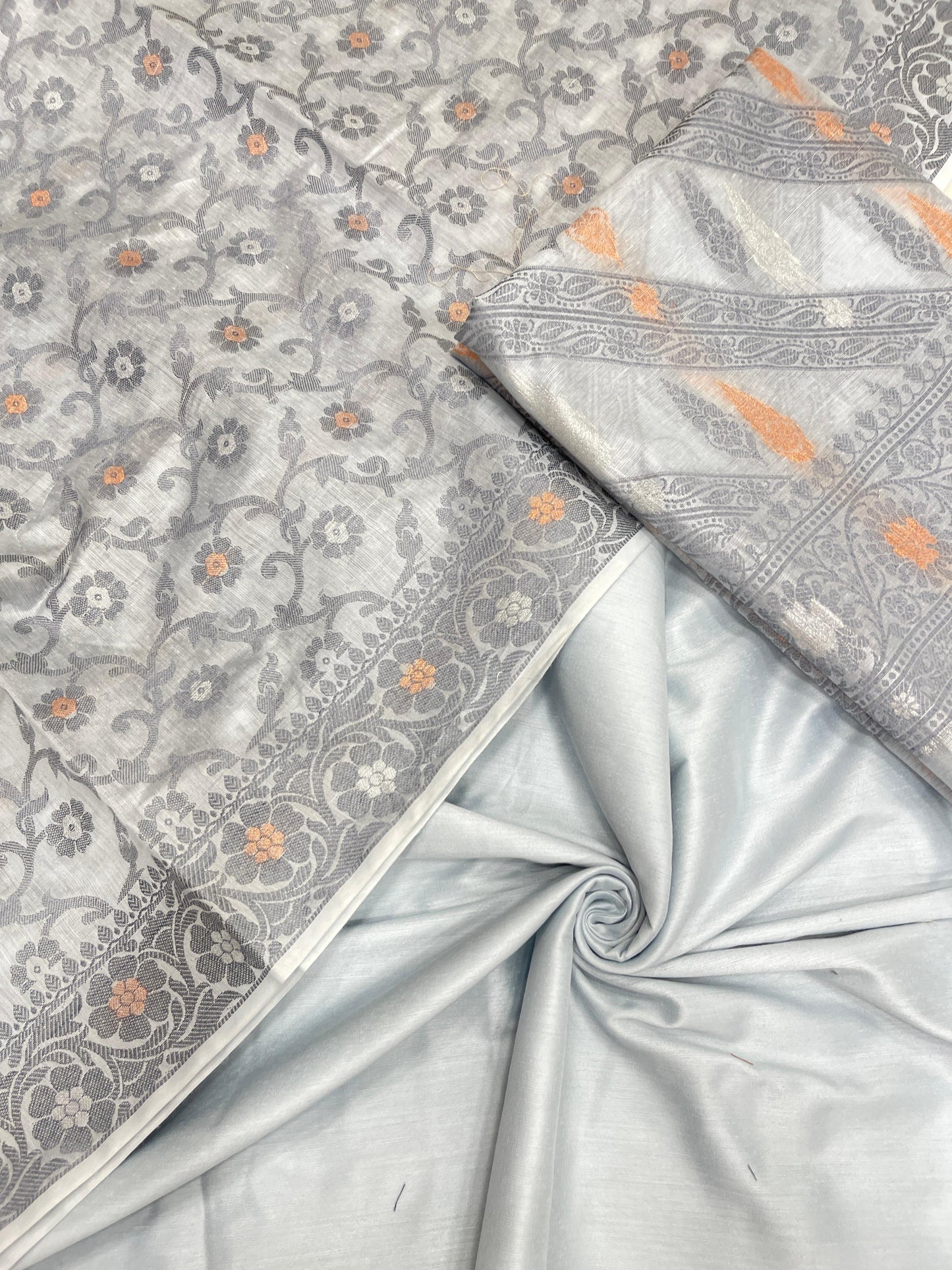 Light grey cotton suit set with diagonal stripes and tilfi jaal dupatta. SHL_20