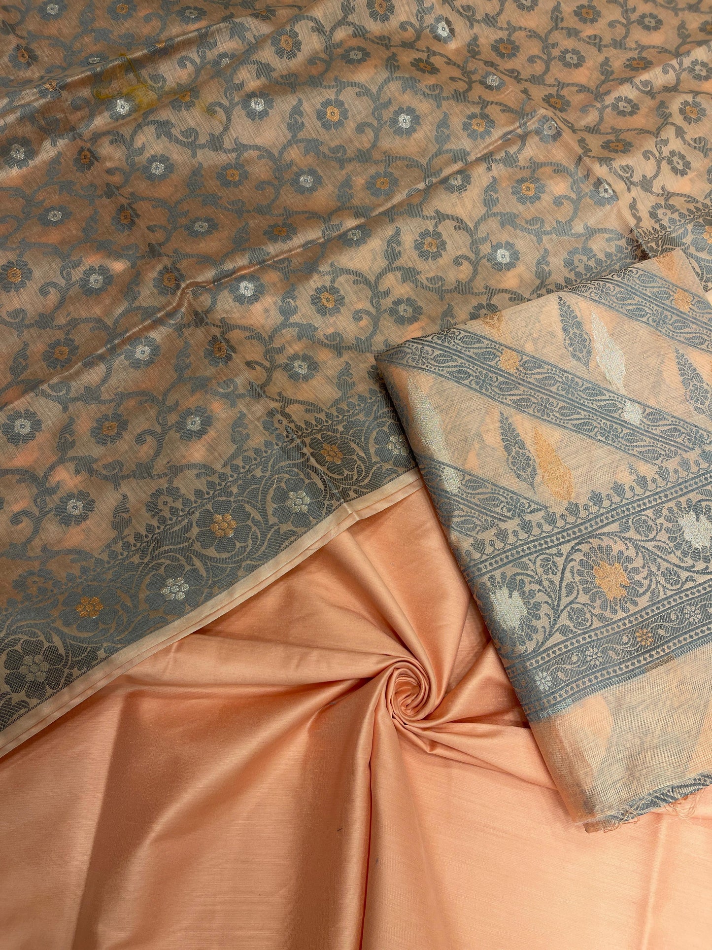 Peach cotton suit featuring diagonal resham stripes and tilfi jaal dupatta. SHL_17