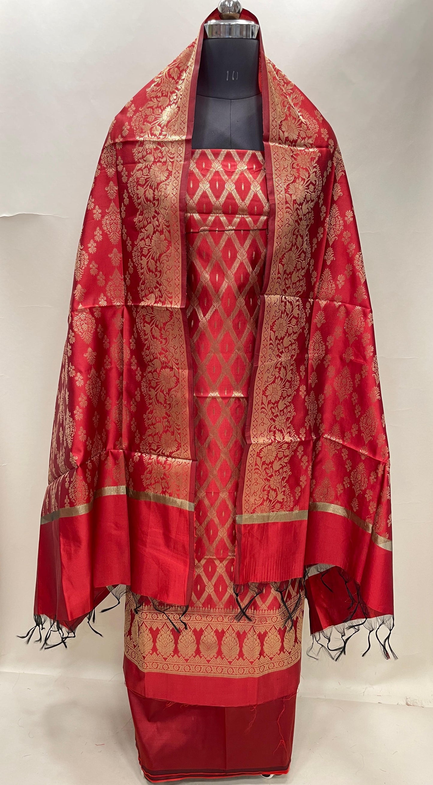 Red art silk suit set with diagonal zari stripes and matching dupatta. SHL_55