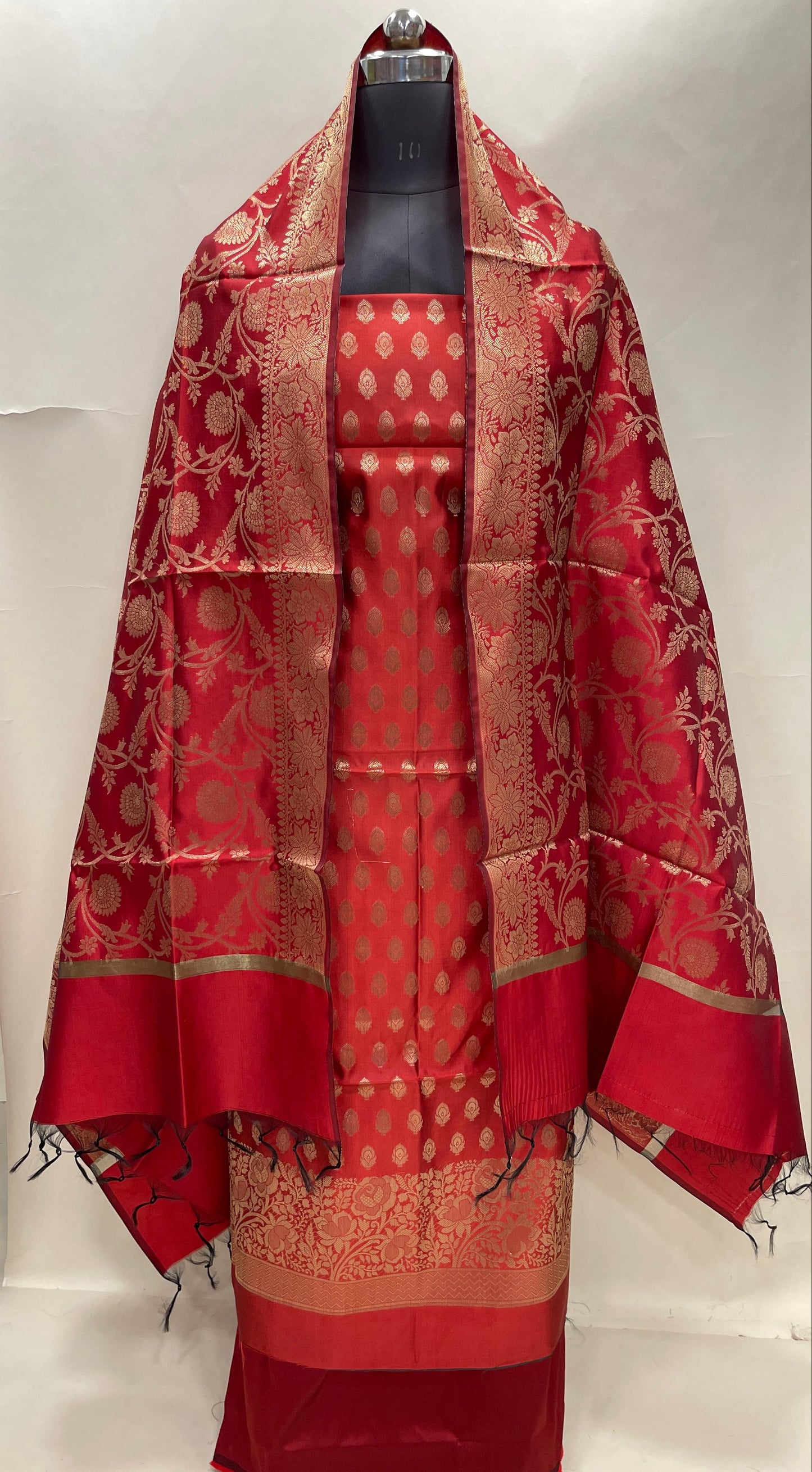 Red art silk suit set featuring floral zari bootis and matching dupatta. SHL_59