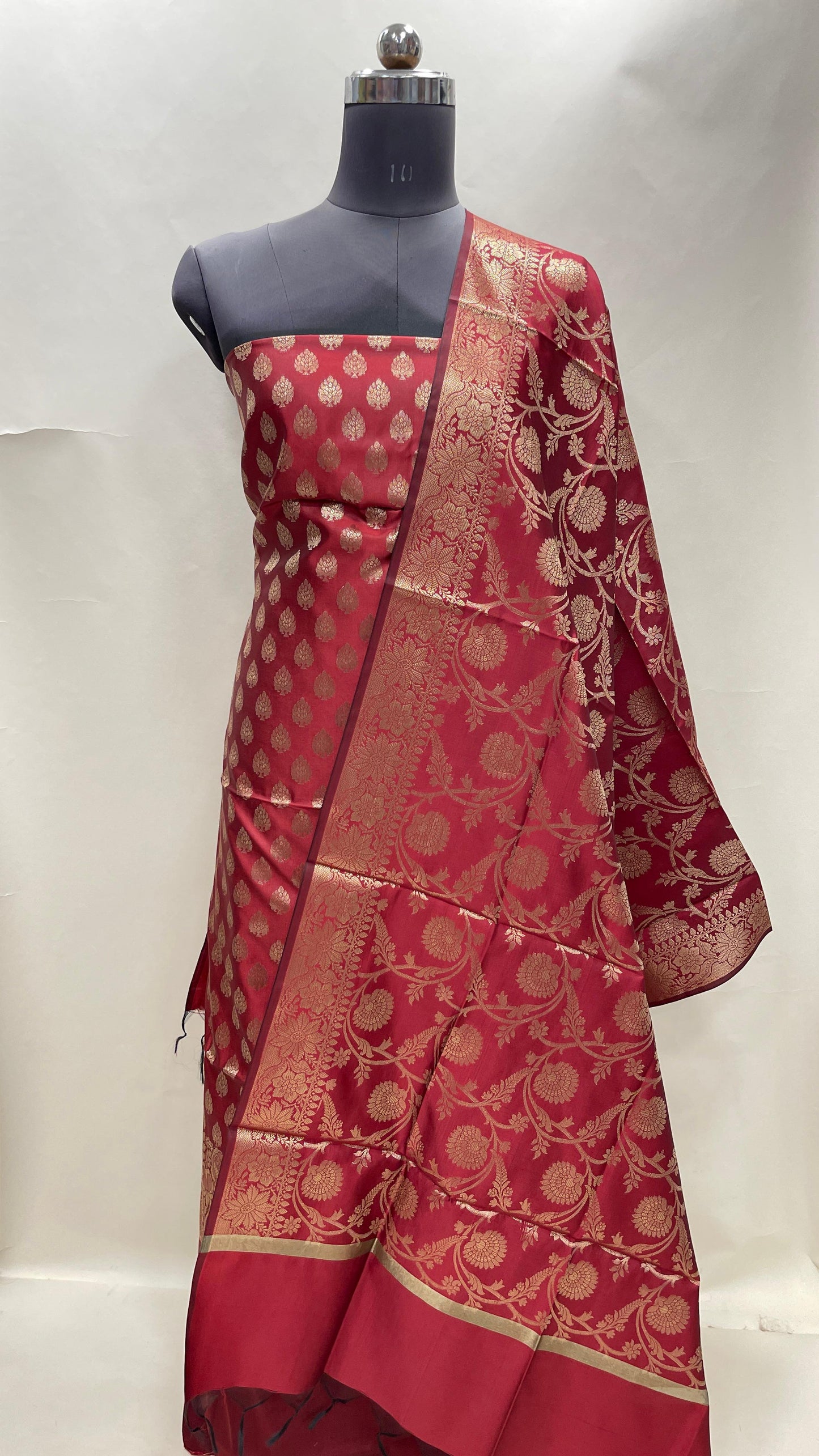 Maroon art silk suit set with floral zari bootas and matching dupatta. SHL_67
